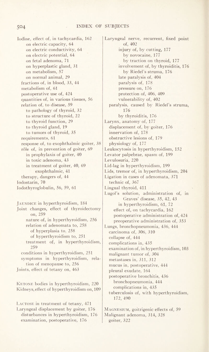 Iodine, effect of, in tachycardia, 162 on electric capacity, 64 on electric conductivity, 64 on electric potential, 64 on fetal adenoma, 71 on hyperplastic gland, 31 on metabolism, 57 on normal animal, 29 fractions of, in blood, 33, 44 metabolism of, 61 postoperative use of, 424 quantities of, in various tissues, 56 relation of, to disease, 59 to pathology of thyroid, 32 to structure of thyroid, 22 to thyroid function, 29 to thyroid gland, 19 to tumors of thyroid, 35 requirements, 61 response of, to exophthalmic goiter, 38 role of, in prevention of goiter, 69 in prophylaxis of goiter, 40 in toxic adenoma, 43 in treatment of goiter, 40, 69 exophthalmic, 41 therapy, dangers of, 44 Iodostarin, 70 Iodothyroglobulin, 56, 59, 61 Jaundice in hyperthyroidism, 184 Joint changes, effect of thyroidectomy on, 259 nature of, in hyperthyroidism, 256 relation of adenomata to, 258 of hyperplasia to, 258 of hyperthyroidism to, 251 treatment of, in hyperthyroidism, 259 conditions in hyperthyroidism, 251 symptoms in hyperthyroidism, rela¬ tion of menopause to, 256 Joints, effect of tetany on, 463 Ketone bodies in hyperthyroidism, 220 Kidneys, effect of hyperthyroidism on, 109 Lactose in treatment of tetany, 471 Laryngeal displacement by goiter, 176 disturbances in hyperthyroidism, 176 examination, postoperative, 176 Laryngeal nerve, recurrent, fixed point of, 402 injury of, by cutting, 177 by novocaine, 177 by traction on thyroid, 177 involvement of, by thyroiditis, 176 by Riedel’s struma, 176 late paralysis of, 404 paralysis of, 178 pressure on, 176 protection of, 406, 409 vulnerability of, 402 paralysis, caused by Riedel’s struma, 176 by thyroiditis, 176 Larynx, anatomy of, 177 displacement of, by goiter, 176 innervation of, 178 obstructive lesions of, 179 physiology of, 177 Leukocytosis in hyperthyroidism, 152 Levator palpebrae, spasm of, 199 Levulosuria, 220 Lid-lag in hyperthyroidism, 199 Lids, tremor of, in hyperthyroidism, 204 Ligation in cases of adenomata, 371 technic of, 367 Lingual thyroid, 411 Lugol’s solution, administration of, in Graves’ disease, 35, 42, 43 in hyperthyroidism, 61, 72 effect of, on tachycardia, 162 postoperative administration of, 424 preoperative administration of, 353 Lungs, bronchopneumonia, 436, 444 carcinoma of, 306, 310 collapse of, 444 complications in, 435 examination of, in hyperthyroidism, 103 malignant tumor of, 304 metastases in, 311, 312 mucus in, postoperative, 444 pleural exudate, 164 postoperative bronchitis, 436 bronchopneumonia, 444 complications in, 435 tuberculosis of, with hyperthyroidism, 172, 490 Magnesium, goitrigenic effects of, 59 Malignant adenoma, 314, 328 goiter, 322