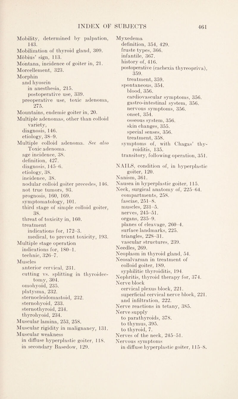 Mobility, determined by palpation, 143. Mobilization of thyroid gland, 309. Mobius’ sign, 113. Montana, incidence of goiter in, 21. Morcellement, 323. Morphin and hyoscin in anesthesia, 215. postoperative use, 339. preoperative use, toxic adenoma, 275. Mountains, endemic goiter in, 20. Multiple adenomas, other than colloid variety, diagnosis, 146. etiology, 38-9. Multiple colloid adenoma. See also Toxic adenoma, age incidence, 38. definition, 427. diagnosis, 145-6. etiology, 38. incidence, 38. nodular colloid goiter precedes, 146. not true tumors, 93. prognosis, 160, 169. symptomatology, 101. third stage of simple colloid goiter, 38. threat of toxicity in, 160. treatment indications for, 172-3. medical, to prevent toxicity, 193. Multiple stage operation indications for, 180-1. technic, 326-7. Muscles anterior cervical, 231. cutting vs. splitting in thyroidec¬ tomy, 304. omohyoid, 235. platysma, 232. sternocleidomastoid, 232. sternohyoid, 233. sternothyroid, 234. thyrohyoid, 234. Muscular lamina, 253, 258. Muscular rigidity in malignancy, 131. Muscular weakness in diffuse hyperplastic goiter, 118. in secondary Basedow, 129. Myxedema definition, 354, 429. fruste types, 366. infantile, 367. history of, 416. postoperative (cachexia thyreopriva), 359. treatment, 359. spontaneous, 354. blood, 356. cardiovascular symptoms, 356. gastro-intestinal system, 356. nervous symptoms, 356. onset, 354. osseous system, 356. skin changes, 355. special senses, 356. treatment, 358. s}nnptoms of, with Chagas’ thy¬ roiditis, 135. transitory, following operation, 351. NAILS, condition of, in hyperplastic goiter, 120. Nanism, 361. Nausea in hyperplastic goiter, 115. Neck, surgical anatomy of, 225-64. compartments, 258. fasciae, 251-8. muscles, 231-5. nerves, 245-51. organs, 235-9. planes of cleavage, 260-4. surface landmarks, 225. triangles, 228-31. vascular structures, 239. Needles, 269. Neoplasm in thyroid gland, 54. Neosalvarsan in treatment of colloid goiter, 189. syphilitic thyroiditis, 194. Nephritis, thyroid therapy for, 374. Nerve block cervical plexus block, 221. superficial cervical nerve block, 221. and infiltration, 222. Nerve reactions in tetany, 385. Nerve supply to parathyroids, 378. to thymus, 395. to thyroid, 7. Nerves of the neck, 245-51. Nervous symptoms in diffuse hyperplastic goiter, 115-8.
