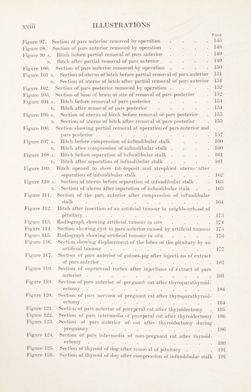 PAGE Figure 97. Section of pars anterior removed by operation Figure 98. Section of pars anterior removed by operation Figure 99 a. Bitch before partial removal of pars anterior B. Bitch after partial removal of pars anterior Figure 100. Section of pars anterior removed by operation Figure 101 a. Section of uterus of bitch before partial removal of pars anterior r>. Section of uterus of bitch after partial removal of pars anterior Figure 102. Section of pars posterior removed by operation .... Figure 103. Section of base of brain at site of removal of pars posterior Figure 104 a. Bitch before removal of pars posterior ..... p.. Bitch after removal of pars posterior ..... Figure 105 a. Section of uterus of bitch ])efore removal of pars posterior E. Section of uterus of bitch after removal of pars posterior Figure 100. Section showing partial removal at operation of pars anterior and pars posterior ...... Bitch before compression of infundibular stalk Bitch after compression of infundibular stalk Bitch before separation of infundibular stalk Bitch after separation of infundibular stalk Bitch opened to show fat-deposit and atrophied uterus'^ after sejjaration of infundibular stalk ...... Figure 110 a. Section of uterus before separation of infundibular stalk . p>. Section of uterus after separation of infundibular stalk Figure 111. Section of the pars anterior after compression of infundibular stalk ........... Bitch after insertion of an artificial tumour in neighhourhood of pituitary ........... lladiograph showing artificial tumour in .situ .... Section showing cyst in pars anterior caused by artificial tumour Radiograph showing artificial tumour in .situ .... Section showing displacement of the lohes of the pituitary by an artificial tumour ......... Figure 117. Section of pars anterior of guinea-pig after injections of extract of pars anterior ......... Figure 118. Section of suprarenal cortex after injections of extract of pars anterior. Figure 107 a. B. Figure 108 a. Figure 109. Figure 112. Figure 113. Figure 114. Figure 115. Figure 116. 145 148 149 149 150 1.51 151 152 152 154 1.54 155 155 157 160 160 161 161 162 163 163 164 173 174 175 17(i 177 181 181 Figure 119. Figure 120. Figure 121. Figure 122. Figure 123. Figure 124. Figure 125. Figure 126. Section of pars anterior of pregnant cat after thyro])arathyroid- ectomy. Section of pars nervosa of pregnant cat after thyroparathyroid* ectomy .. Section of pars anterior of puer2)eral cat after thyroidectomy Section of pars intermedia of puerperal cat after thyroidectomy Section of pars anteric»r of cat after thyroidectomy during pregnancy . Section of pars intermedia of non-pregnant cat after tliyroid- ectomy Section of thyroid of dog after removal of 2)ituitary Section of thyroid of dog after compression of infundibular stalk 184 184 185 186 186 188 191 191
