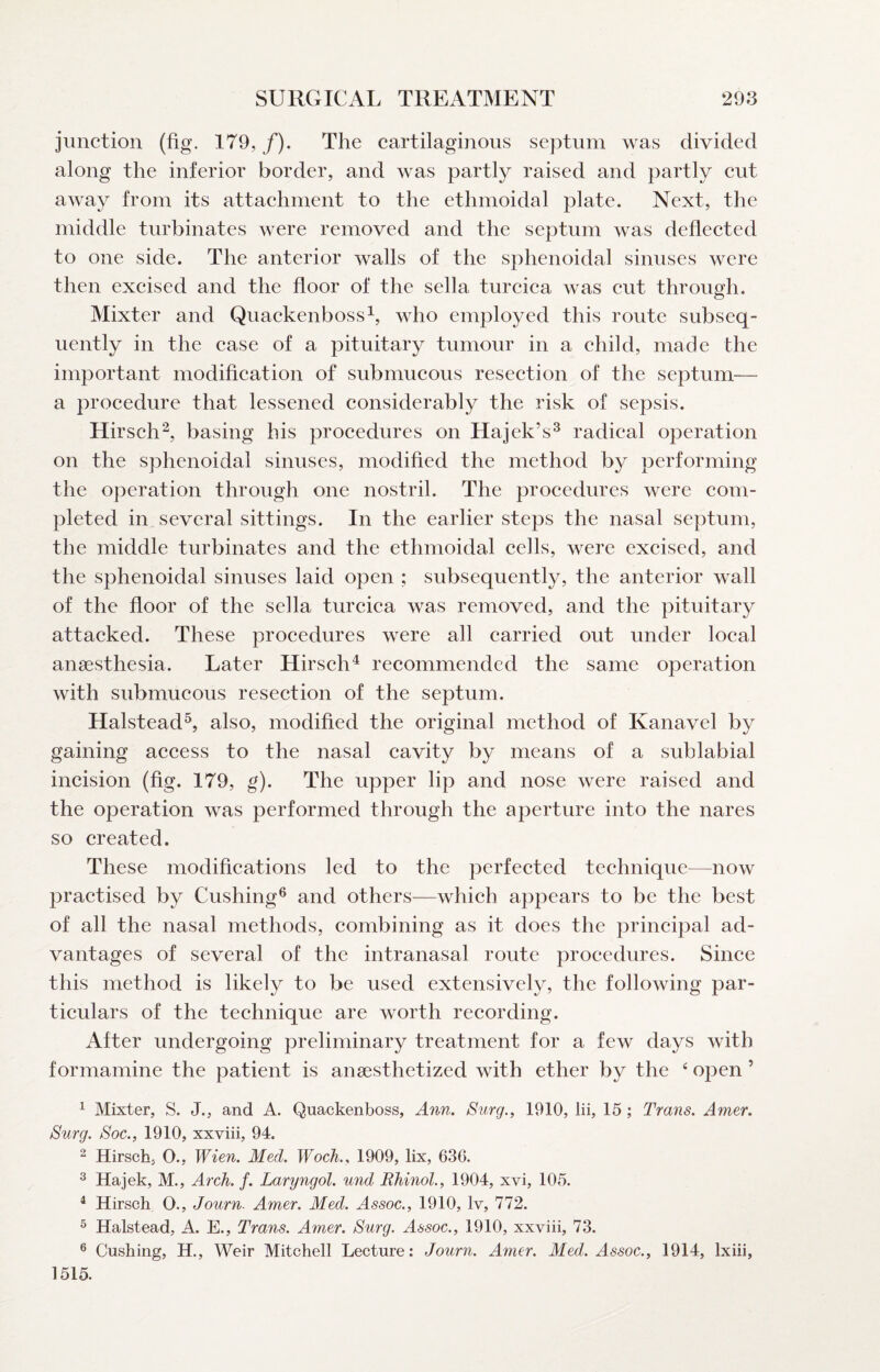 junction (fig. 179, /). The cartilaginous septum was divided along the inferior border, and was partly raised and partly cut away from its attachment to the ethmoidal plate. Next, the middle turbinates were removed and the septum was defleeted to one side. The anterior walls of the sphenoidal sinuses were then exeised and the floor of the sella turcica was cut through. Mixter and Quackenboss^, who employed this route subseq¬ uently in the ease of a pituitary tumour in a child, made the important modifieation of submucous resection of the septum— a procedure that lessened considerably the risk of sepsis. Hirsch^ basing his proeedures on Hajek’s^ radieal operation on the sphenoidal sinuses, modified the method by performing the operation through one nostril. The proeedures were com¬ pleted in several sittings. In the earlier steps the nasal septum, the middle turbinates and the ethmoidal eells, were exeised, and the sphenoidal sinuses laid open ; subsequently, the anterior wall of the floor of the sella turcica was removed, and the pituitary attacked. These proeedures were all earried out under local anaesthesia. Later Hirseh^ recommended the same operation with submucous resection of the septum. Halstead^ also, modified the original method of Kanavel by gaining aecess to the nasal cavity by means of a sublabial ineision (fig. 179, g). The upper lip and nose were raised and the operation was performed through the aperture into the nares so created. These modifieations led to the perfeeted teehnique^—now praetised by Cushing^ and others—whieh appears to be the best of all the nasal methods, combining as it does the prineipal ad¬ vantages of several of the intranasal route proeedures. Sinee this method is likely to be used extensively, the following par- tieulars of the teehnique are worth reeording. After undergoing preliminary treatment for a few days with formamine the patient is anaesthetized with ether by the ‘ open ’ ^ Mixter, S. J., and A. Quackenboss, Ann. Surg., 1910, lii, 15; Trans. Amer. Surg. Soc., 1910, xxviii, 94. ^ Hirschj O., Wien. Med. Woch.. 1909, lix, 636. ^ Hajek, M., Arch. f. Laryngol. und RhinoL, 1904, xvi, 105. ^ Hirsch 0., Journ. Amer. Med. Assoc., 1910, Iv, 772. ^ Halstead, A. E., Trans. Amer. Surg. Assoc., 1910, xxviii, 73. ® Cushing, H., Weir Mitchell Lecture: Journ. Amer. Med. Assoc., 1914, Ixiii, 1515.