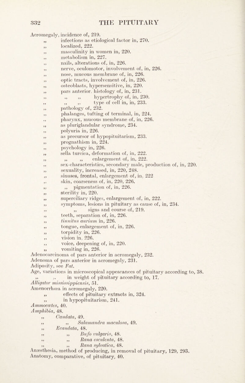 99 99 99 99 Acromegaly, incidence of, 219. infections as etiological factor in, 270. localized, 222. masculinity in women in, 220. metabolism in, 227. nails, alterations of, in, 226. nerve, oculomotor, involvement of, in, 226. nose, mucous membrane of, in, 226. optic tracts, involvement of, in, 226. osteoblasts, hypersensitive, in, 220. pars anterior, histology of, in, 231. ,, ,, hypertrophy of, in, 230. ,, ,, type of cell in, in, 233. pathology of, 232. phalanges, tufting of terminal, in, 224. pharynx, mucous membrane of, in, 226. as pluriglandular syndrome, 234. polyuria in, 226. as precursor of hypopituitarism, 233. prognathism in, 224. psychology in, 226. sella turcica, deformation of, in, 222. ,, ,, enlargement of, in, 222. sex-characteristics, secondary male, production of, in, 220. sexuality, increased, in, 220, 248. sinuses, frontal, enlargement of, in, 222 skin, coarseness of, in, 220, 226. ,, pigmenta.tion of, in, 226. sterility in, 220. superciliary ridges, enlargement of, in, 222. symptoms, lesions in pituitary as cause of, in, 234. ,, signs and course of, 219. teeth, separation of, in, 226. tinnitus aurium in, 226. tongue, enlargement of, in, 226. torpidity in, 226. vision in, 226. voice, deepening of, in, 220. vomiting in, 226. Adenocarcinoma of pars anterior in acromegaly, 232. Adenoma of pars anterior in acromegaly, 231. Adiposity, see Fat. Age, variations in microscopical appearances of pituitary according to, 38. „ in weight of pituitary according to, 17. Alligator mississippiensis, 51. Amenorrhoea in acromegaly, 220. „ effects of pituitary extracts in, 324. ,, in hypopituitarism, 241. AmmocoeteSy 40. Amphibia, 48. „ Gaudata, 49. ,, „ Salamandra maculosa, 49. „ Ecaudata, 48. „ „ Bufo vulgaris, 48. f., ,, Rana esculenta, 48. ,, „ Rana sylvatica, 48. Anaesthesia, method of producing, in removal of pituitary, 129, 293, Anatomy, comparative, of pituitary, 40. 99 99 9'J 99 99 99 99 99