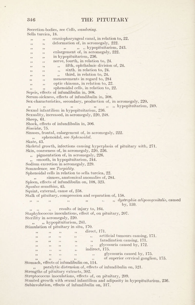 9? Secretion-bodies, see Cells, wandering. Sella turcica, 18. „ „ craniopharyngeal canal, in relation to, 22, deformation of, in acromegaly, 222. „ „ ,, hypopituitarism, 243. enlargement of, in acromegaly, 222. in hypopituitarism, 236. nerve, fourth, in relation to, 24. „ fifth, ophthalmic division of, 24. „ ,, ,, sixth, in relation to, 24. „ ,, ,, third, in relation to, 24. „ „ measurements in regard to, 284 ,, ,, optic chiasma, in relation to, 22. ,, „ sphenoidal cells, in relation to, 22. Sepsis, effects of infundibulin in, 308. Serum-sickness, effects of infundibulin in, 308. Sex-characteristics, secondary, production of, in acromegaly, 220. ,, „ hypopituitarism, 249. 99 99 99 99 Sexual infantilism in hypopituitarism, 236. Sexuality, increased, in acromegaly, 220, 248. Sheep, 61. Shock, effects of infundibulin in, 306. Snniidce, 75. Sinuses, frontal, enlargement of, in acromegaly, 222, ,, sphenoidal, see SpheTwidal. Skate, 43. Skeletal growth, infections causing hyperplasia of pituitary with, 271. Skin, coarseness of, in acromegaly, 220, 226. „ pigmentation of, in acromegaly, 226. „ smooth, in hypopituitarism, 244. Sodium excretion in acromegaly, 229. Somnolence, see Torpidity. Sphenoidal cells in relation to sella turcica, 22. „ sinuses, anatomical anomalies of, 284. Spleen, effects of infundibulin on, 108, 323. Squalus acanthias, 45. Squint, external, cause of, 258. Stalk of pituitary, compression and separation of, 158. „ ,, ,, ,, ,, ,, ,, dystrophia adiposogenitalis, caused by, 159. ,, ,, ,, results of injury to, 164. Staphylococcus inoculations, effect of, on pituitary, 207. Sterility in acromegaly, 220. „ „ hypopituitarism, 241. Stimulation of pituitary in situ, 170. 99 99 99 direct, 171. 99 9? 99 ,, artificial tumours causing, 171. 99 9 9 9? „ faradization causing, 171. 99 99 9 9 ,, glycosuria caused by, 172. 9 9 99 99 indirect, 175. 99 99 99 ,, glycosuria caused by, 175. 99 9 9 99 ,, of superior cervical ganglion, 175. Stomach, effects of infundibulin on, 114. ,, paralytic distension of, effects of infundibulin on, 321. Strengths of pituitary extracts, 302. Streptococcus inoculations, effects of, on pituitary, 209. Stunted growth with sexual infantilism and adiposity in hypopituitarism, 236. Subinvolution, effects of infundibulin on, 317.