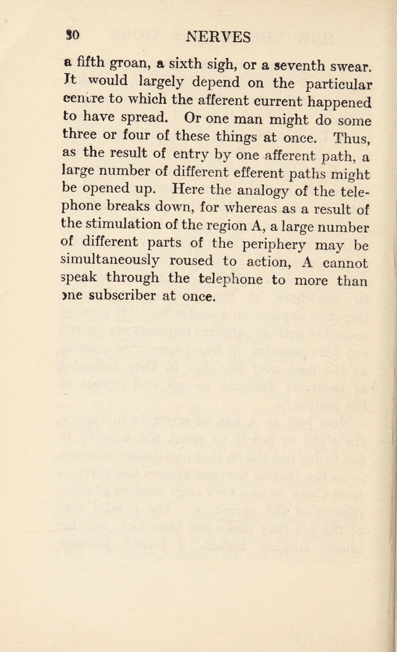 a fifth groan, a sixth sigh, or a seventh swear, Jt would largely depend on the particular centre to which the afferent current happened to have spread. Or one man might do some three or four of these things at once. Thus, as the result of entry by one afferent path, a large number of different efferent paths might be opened up. Here the analogy of the tele¬ phone breaks down, for whereas as a result of the stimulation of the region A, a large number of different parts of the periphery may be simultaneously roused to action, A cannot speak through the telephone to more than >ne subscriber at once.