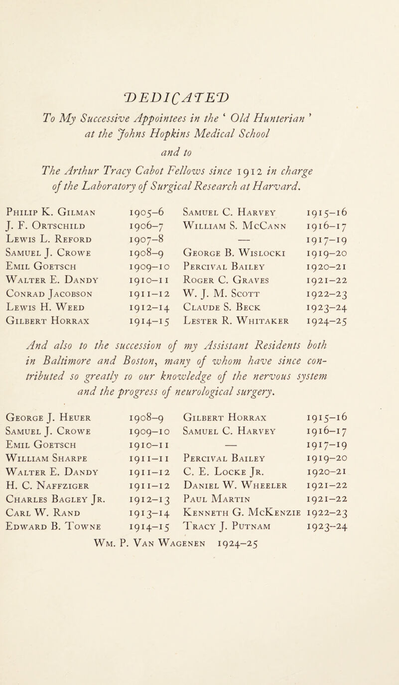 DEDICATED To My Successive Appointees in the ‘ Old Hunterian * at the Johns Hopkins Medical School and to The Arthur Tracy Cabot Fellows since 1912 in charge of the laboratory of Surgical Research at Harvard. Philip K. Gilman 1905-6 Samuel C. Harvey 1915-16 J. F. Ortschild 1906-7 William S. McCann 1916-17 Lewis L. Reford 1907-8 — I9I7“I9 Samuel J. Crowe 1908-9 George B. Wislocki 1919-20 Emil Goetsch 1909-10 Percival Bailey 1920-21 Walter E. Dandy 1910—11 Roger C. Graves 1921-22 Conrad Jacobson 1911-12 W. J. M. Scott 1922-23 Lewis H. Weed 1912-14 Claude S. Beck 1923-24 Gilbert Horrax 1914-15 Lester R. Whitaker 1924-25 And also to the succession of my Assistant Residents both in Baltimore and Bos ton, many of whom have since con¬ tributed so greatly 10 our knowledge of the nervous system and the progress of neurological surgery. George J. Heuer Samuel J. Crowe Emil Goetsch William Sharpe Walter E. Dandy H. C. Naffziger Charles Bagley Jr. Carl W. Rand Edward B. Towne 1908-9 Gilbert Horrax i9i5~i6 1909-10 Samuel C. Harvey 1916-17 1910-11 — 1917-19 1911-11 Percival Bailey 1919-20 1911-12 C. E. Locke Jr. 1920-21 1911-12 Daniel W. Wheeler 1921-22 1912~I3 Paul Martin 1921-22 1913-14 Kenneth G. McKenzie 1922-23 1914-15 Tracy J. Putnam 1923-24 Wm. P. Van Wagenen 1924-25