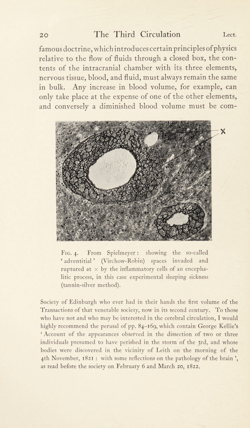 famous doctrine, which introduces certain principles of physics relative to the flow of fluids through a closed box, the con¬ tents of the intracranial chamber with its three elements, nervous tissue, blood, and fluid, must always remain the same in bulk. Any increase in blood volume, for example, can only take place at the expense of one of the other elements, and conversely a diminished blood volume must be com- Fig. 4. From Spielmeyer : showing the so-called ‘ adventitial ’ (Virchow-Robin) spaces invaded and ruptured at X by the inflammatory cells of an encepha¬ litic process, in this case experimental sleeping sickness (tannin-silver method). Society of Edinburgh who ever had in their hands the first volume of the Transactions of that venerable society, now in its second century. To those who have not and who may be interested in the cerebral circulation, I would highly recommend the perusal of pp. 84-169, which contain George Kellie’s ‘ Account of the appearances observed in the dissection of two or three individuals presumed to have perished in the storm of the 3rd, and whose bodies were discovered in the vicinity of Leith on the morning of the 4th November, 1821 : with some reflections on the pathology of the brain ’, as read before the society on February 6 and March 20, 1822.