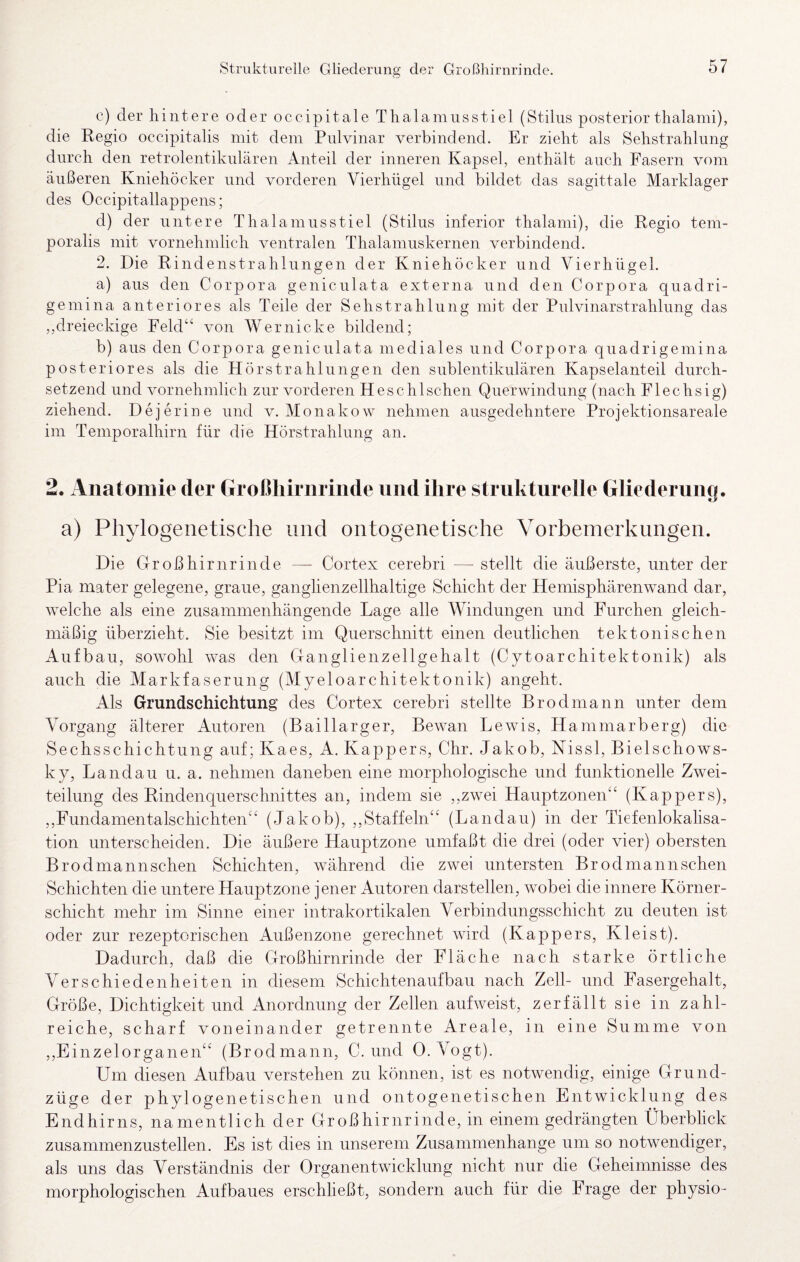 Strukturelle Gliederung der Großhirnrinde. c) der hintere oder occipitale Thalamusstiel (Stilus posterior thalami), die Regio occipitalis mit dem Pulvinar verbindend. Er zieht als Sehstrahlnng durch den retrolentiknlären Anteil der inneren Kapsel, enthält auch Fasern vom äußeren Kniehöcker und vorderen Vierhügel und bildet das sagittale Marklager des Occipitallappens; d) der untere Thalamnsstiel (Stilus inferior thalami), die Regio tem- poralis mit vornehmlich ventralen Thalamuskernen verbindend. 2. Die Rindenstrahlnngen der Kniehöcker und Vierhügel. a) ans den Corpora geniculata externa und den Corpora quadri- gemina anteriores als Teile der Sehstrahlung mit der Pnlvinarstrahlnng das ,,dreieckige Feld“ von Wernicke bildend; b) aus den Corpora geniculata mediales und Corpora qnadrigemina posteriores als die Hörstrahlungen den snblentikulären Kapselanteil durch¬ setzend und vornehmlich zur vorderen Heschlschen Querwindung (nach Flechsig) ziehend. Dejerine und v. Monakow nehmen ausgedehntere Projektionsareale im Temporalhirn für die Hörstrahlung an. 2. Anatomie der Großhirnrinde und ihre strukturelle Gliederung. a) Phylogenetische und ontogenetische Vorbemerkungen. Die Großhirnrinde — Cortex cerebri — stellt die äußerste, unter der Pia mater gelegene, graue, ganglienzellhaltige Schicht der Hemisphärenwand dar, welche als eine zusammenhängende Lage alle Windungen und Furchen gleich¬ mäßig überzieht. Sie besitzt im Querschnitt einen deutlichen tektonischen Aufbau, sowohl was den Ganglienzellgehalt (Cytoarchitektonik) als auch die Markfaserung (Myeloarchitektonik) angeht. Als Grundschichtung des Cortex cerebri stellte Brodmann unter dem Vorgang älterer Autoren (Baillarger, Bewan Lewis, Hammarberg) die Sechs Schichtung auf; Kaes, A. Kappers, Chr. Jakob, Nissl, Bielschows- ky, Landau u. a. nehmen daneben eine morphologische und funktionelle Zwei¬ teilung des Rindenquerschnittes an, indem sie ,,zwei Hauptzonen“ (Kappers), ,,Fundamen talschichten“ (Jakob), ,,Staffeln“ (Landau) in der Tiefenlokahsa- tion unterscheiden. Die äußere Hauptzone umfaßt die drei (oder vier) obersten Brodmannschen Schichten, während die zwei untersten Brodmannschen Schichten die untere Hauptzone jener Autoren darstellen, wobei die innere Körner¬ schicht mehr im Sinne einer intrakortikalen Verbindungsschicht zu deuten ist oder zur rezeptorischen Außenzone gerechnet wird (Kappers, Kleist). Dadurch, daß die Großhirnrinde der Fläche nach starke örtliche Verschiedenheiten in diesem Schichtenaufbau nach Zell- und Fasergehalt, Größe, Dichtigkeit und Anordnung der Zellen aufweist, zerfällt sie in zahl¬ reiche, scharf voneinander getrennte Areale, in eine Summe von ,,Einzelorganen“ (Brodmann, C. und 0. Vogt). Um diesen Aufbau verstehen zu können, ist es notwendig, einige Grund¬ züge der phylogenetischen und ontogenetischen Entwicklung des Endhirns, namentlich der Großhirnrinde, in einem gedrängten Überblick zusammenzustellen. Es ist dies in unserem Zusammenhänge um so notwendiger, als uns das Verständnis der Organentwicklung nicht nur die Geheimnisse des morphologischen Aufbaues erschließt, sondern auch für die Frage der physio-
