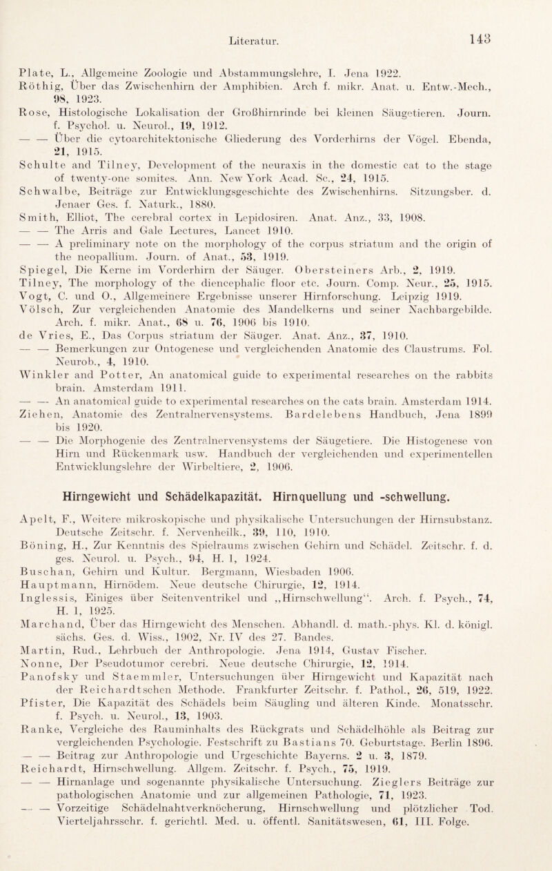 PI ate, L., Allgemeine Zoologie und Abstammungslehre, I. Jena 1922. Röthig, Über das Zwischenhirii der Amphibien. Arch f. mikr. Anat. u. Entw.-Mech., 98, 1923. Rose, Histologische Lokalisation der Großhirnrinde bei kleinen Säugetieren. Journ. f. Psychol. u. NeuroL, 19, 1912, — — tJber die cytoarchitektonische Gliederung des Vorderhirns der Vögel. Ebenda, 21, 1915. Schulte and Tilney, Development of the neuraxis in the domestic cat to the stage of twenty-one somites. Ann. New York Acad. Sc., 24, 1915. Schwalbe, Beiträge zur Entwicklungsgeschichte des Zwischenhirns. Sitzungsber. d. Jenaer Ges. f. Naturk., 1880. Smith, Elliot, The cerebral cortex in Lepidosiren. Anat. Anz., 33, 1908. — — The Arris and Gale Lectures, Lancet 1910. — — A preliminary note on the morphology of the corpus striatum and the origin of the neopallium. Journ. of Anat., 53, 1919. Spiegel, Die Kerne im Vorderhirn der Säuger. Obersteiners Arb., 2, 1919. Tilney, The morphology of the diencephalic floor etc. Journ. Comp. Neun, 25, 1915. Vogt, C. und 0., Allgemeinere Ergebnisse unserer Hirnforschung. Leipzig 1919. V öl sch. Zur vergleichenden Anatomie des Mandelkerns und seiner Nachbargebilde. Arch. f. mikr. Anat., 68 u. 76, 1906 bis 1910, de Vries, E., Das Corpus striatum der Säuger. Anat. Anz., 37, 1910. — — Bemerkungen zur Ontogenese und vergleichenden Anatomie des Claustrums. Fol. Neurob., 4, 1910. Winkler and Potter, An anatomical guide to expeiirnental researches on the rabbits brain. Amsterdam 1911. —- — An anatomical guide to experimental researches on the cats brain. Amsterdam 1914. Ziehen, Anatomie des Zentralnervensystems. Bardelebens Handbuch, Jena 1899 bis 1920. — — Die Morphogenie des Zentralnervensystems der Säugetiere. Die Histogenese von Hirn und Rückenmark usw. Handbuch der vergleichenden und experimentellen Entwicklungslehre der Wirbeltiere, 2, 1906. Hirngewicht und Schädelkapazität. Hirnquellung und -Schwellung. Apelt, F., Weitere mikroskopische und physikalische Untersuchungen der Hirnsubstanz. Deutsche Zeitschr. f. Nervenhedk., 39, 110, 1910. Böning, H., Zur Kenntnis des Spielraums zwischen Gehirn und Schädel. Zeitschr. f. d. ges. Neurol. u. Psych., 94, H. 1, 1924. Buschan, Gehirn und Kultur. Bergmann, Wiesbaden 1906. Hauptmann, Hirnödem. Neue deutsche Chirurgie, 12, 1914. Inglessis, Einiges über Seitenventrikel und ,,Hirnschwellung“. Arch. f. Psych., 74, H. 1, 1925. Marchand, Über das Hirngewicht des Menschen. Abhandl. d. math.-phys. Kl. d. königl. säclis. Ges. d. Wiss., 1902, Nr. IV des 27. Bandes. Martin, Rud., Lehrbuch der Anthropologie. Jena 1914, Gustav Fischer. Nonne, Der Pseudotumor cerebri. Neue deutsche Chirurgie, 12, 1914. Panofsky und Staeminier, Untersuchungen über Hirngewicht und Kapazität nach der Reichardtschen Methode. Frankfurter Zeitschr. f. PathoL, 26, 519, 1922, Pfister, Die Kapazität des Schädels beim Säugling und älteren Kinde. Monatsschr. f. Psych. u. Neurol., 13, 1903. Ranke, Vergleiche des Rauminhalts des Rückgrats und Schädelhöhle als Beitrag zur vergleichenden Psychologie. Festschrift zu Bastians 70. Geburtstage. Berlin 1896. — —• Beitrag zur Anthropologie und Urgeschichte Bayerns. 2 u. 3, 1879. Reichardt, Hirnschwellung. Ahgem. Zeitschr. f. Psych., 75, 1919. — — Hirnanlage und sogenannte physikalische Untersuchung. Zieglers Beiträge zur pathologischen Anatomie und zur allgemeinen Pathologie, 71, 1923. — — Vorzeitige Schädelnahtverknöcherung, Hirnschwellung und plötzlicher Tod. Viertel] ahrsschr. f. gerichtl, Med. u. öffentl. Sanitätswesen, 61, III. Folge.