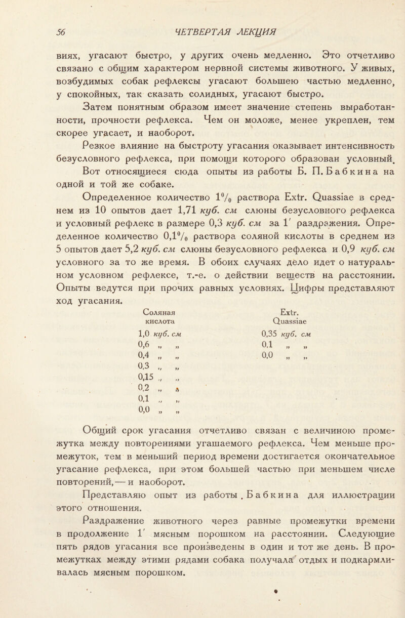 виях, угасают быстро, у других очень медленно. Это отчетливо связано с общим характером нервной системы животного. У живых, возбудимых собак рефлексы угасают большею частью медленно, у спокойных, так сказать солидных, угасают быстро. Затем понятным образом имеет значение степень выработан¬ ности, прочности рефлекса. Чем он моложе, менее укреплен, тем скорее угасает, и наоборот. Резкое влияние на быстроту угасания оказывает интенсивность безусловного рефлекса, при помощи которого образован условный. Вот относящиеся сюда опыты из работы Б. П. Бабкина на одной и той же собаке. Определенное количество 1% раствора Ехіг. Оиаззіае в сред¬ нем из 10 опытов дает 1,71 куб. см слюны безусловного рефлекса и условный рефлекс в размере 0,3 куб. см за 1' раздражения. Опре¬ деленное количество 0,1% раствора соляной кислоты в среднем из 5 опытов дает 5,2 куб. см слюны безусловного рефлекса и 0,9 куб. см условного за то же время. В обоих случаях дело идет о натураль¬ ном условном рефлексе, т.-е. о действии веществ на расстоянии. Опыты ведутся при прочих равных условиях. Цифры представляют ход угасания. Соляная Ехіг. кислота Оліаззіае 1,0 , куб. СМ 0,35 куб. 0,6 »> >9 0.1 11 0,4 11 Ч 0,0 11 0,3 Ч Ч ОД 5 Ч ч 0.2 ч л ОД ч 1Л 0,0 11 11 Общий срок угасания отчетливо связан с величиною проме¬ жутка между повторениями угашаемого рефлекса. Чем меньше про¬ межуток, тем в меньший период времени достигается окончательное угасание рефлекса, при этом большей частью при меньшем числе повторений,— и наоборот. Представляю опыт из работы . Бабкина для иллюстрации этого отношения. Раздражение животного через равные промежутки времени в продолжение 1' мясным порошком на расстоянии. Следующие пять рядов угасания все произведены в один и тот же день. В про¬ межутках между этими рядами собака получала отдых и подкармли¬ валась мясным порошком.