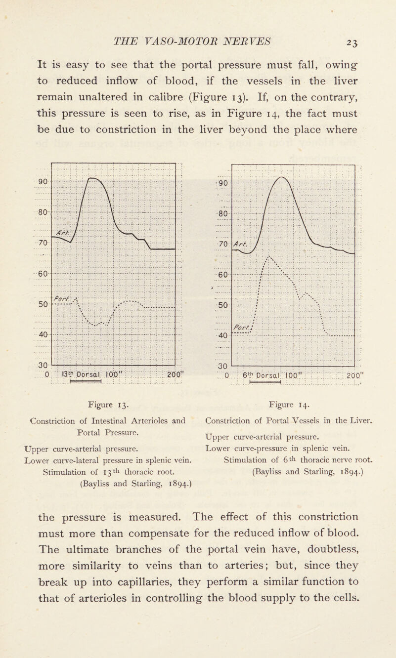 It is easy to see that the portal pressure must fall, owing to reduced inflow of blood, if the vessels in the liver remain unaltered in calibre (Figure 13). If, on the contrary, this pressure is seen to rise, as in Figure 14, the fact must be due to constriction in the liver beyond the place where Figure 13. Constriction of Intestinal Arterioles and Portal Pressure. Upper curve-arterial pressure. Lower curve-lateral pressure in splenic vein. Stimulation of 13 th thoracic root. (Bayliss and Starling, 1894.) Figure 14. Constriction of Portal Vessels in the Liver Upper curve-arterial pressure. Lower curve-pressure in splenic vein. Stimulation of 6 d1 thoracic nerve root (Bayliss and Starling, 1894.) the pressure is measured. The effect of this constriction must more than compensate for the reduced inflow of blood. The ultimate branches of the portal vein have, doubtless, more similarity to veins than to arteries; but, since they break up into capillaries, they perform a similar function to that of arterioles in controlling the blood supply to the cells.