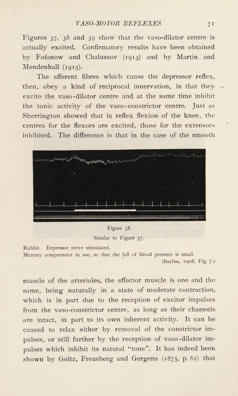 Figures 37, 38 and 39 show that the vaso-dilator centre is actually excited. Confirmatory results have been obtained by Fofanow and Chalussov (1913) and by Martin and Mendenhall (1915). The afferent fibres which cause the depressor reflex, then, obey a kind of reciprocal innervation, in that they excite the vaso-dilator centre and at the same time inhibit the tonic activity of the vaso-constrictor centre. Just as Sherrington showed that in reflex flexion of the knee, the centres for the flexors are excited, those for the extensors inhibited. The difference is that in the case of the smooth Figure 38. Similar to Figure 37. Rabbit. Depressor nerve stimulated. Mercury compensator in use, so that the fall of blood pressure is small. (Bayliss, 1908, Fig. 7.) muscle of the arterioles, the effector muscle is one and the same, being naturally in a state of moderate contraction, which is in part due to the reception of excitor impulses from the vaso-constrictor centre, as long as their channels are intact, in part to its own inherent activity. It can be caused to relax either by removal of the constrictor im¬ pulses, or still further by the reception of vaso-dilator im¬ pulses which inhibit its natural “tone”. It has indeed been shown by Goltz, Freusberg and Gergens (1875, p. 62) that