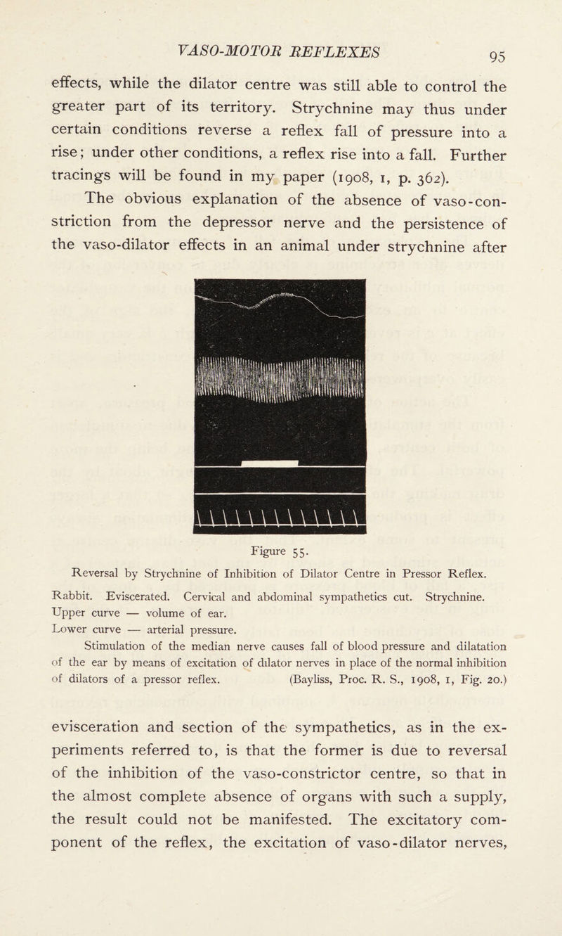 95 effects, while the dilator centre was still able to control the greater part of its territory. Strychnine may thus under certain conditions reverse a reflex fall of pressure into a rise; under other conditions, a reflex rise into a fall. Further tracings will be found in my paper (1908, 1, p. 362). The obvious explanation of the absence of vaso-con¬ striction from the depressor nerve and the persistence of the vaso-dilator effects in an animal under strychnine after Figure 55. Reversal by Strychnine of Inhibition of Dilator Centre in Pressor Reflex. Rabbit. Eviscerated. Cervical and abdominal sympathetics cut. Strychnine. Upper curve — volume of ear. Lower curve — arterial pressure. Stimulation of the median nerve causes fall of blood pressure and dilatation of the ear by means of excitation of dilator nerves in place of the normal inhibition of dilators of a pressor reflex. (Bayliss, Proc. R. S., 1908, 1, Fig. 20.) evisceration and section of the sympathetics, as in the ex¬ periments referred to, is that the former is due to reversal of the inhibition of the vaso-constrictor centre, so that in the almost complete absence of organs with such a supply, the result could not be manifested. The excitatory com¬ ponent of the reflex, the excitation of vaso-dilator nerves,