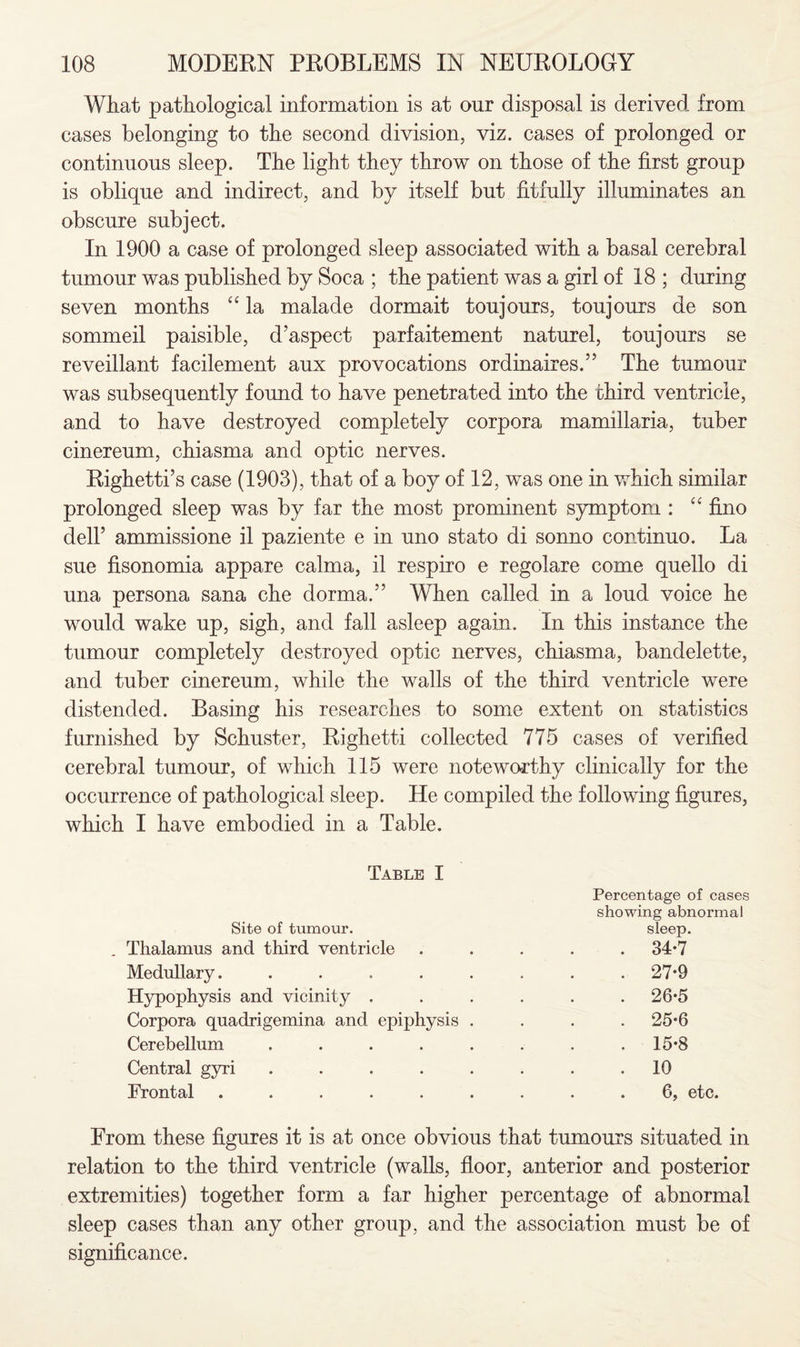 Wliat pathological information is at our disposal is derived from cases belonging to the second division, viz. cases of prolonged or continuous sleep. The light they throw on those of the first group is oblique and indirect, and by itself but fitfully illuminates an obscure subject. In 1900 a case of prolonged sleep associated with a basal cerebral tumour was published by Soca ; the patient was a girl of 18 ; during seven months “ la malade dormait toujours, toujours de son sommeil paisible, d’aspect parfaitement naturel, toujours se reveillant facilement aux provocations ordinaires.” The tumour was subsequently found to have penetrated into the third ventricle, and to have destroyed completely corpora mamillaria, tuber cinereum, chiasma and optic nerves. Righetti’s case (1903), that of a boy of 12, was one in which similar prolonged sleep was by far the most prominent symptom : “ fino dell’ ammissione il paziente e in uno stato di sonno continuo. La sue fisonomia appare calma, il respiro e regolare come quello di una persona Sana che dorma.” When called in a loud voice he would wake up, sigh, and fall asleep again. In this instance the tumour completely destroyed optic nerves, chiasma, bandelette, and tuber cinereum, while the walls of the third ventricle were distended. Basing his researches to some extent on statistics furnished by Schuster, Righetti collected 775 cases of verified cerebral tumour, of which 115 were noteworthy clinically for the occurrence of pathological sleep. He compiled the following figures, which I have embodied in a Table. Table I Site of tumour. Percentage of cases showing abnormal sleep. Thalamus and third ventricle . 34-7 Medullary....... . 27-9 Hypophysis and vicinity .... . 26-5 Corpora quadrigemina and epiphysis . . 25-6 Cerebellum ...... . 15-8 Central gyri ...... . 10 Frontal ....... 6, etc. From these figures it is at once obvious that tumours situated in relation to the third ventricle (walls, floor, anterior and posterior extremities) together form a far higher percentage of abnormal sleep cases than any other group, and the association must be of significance.