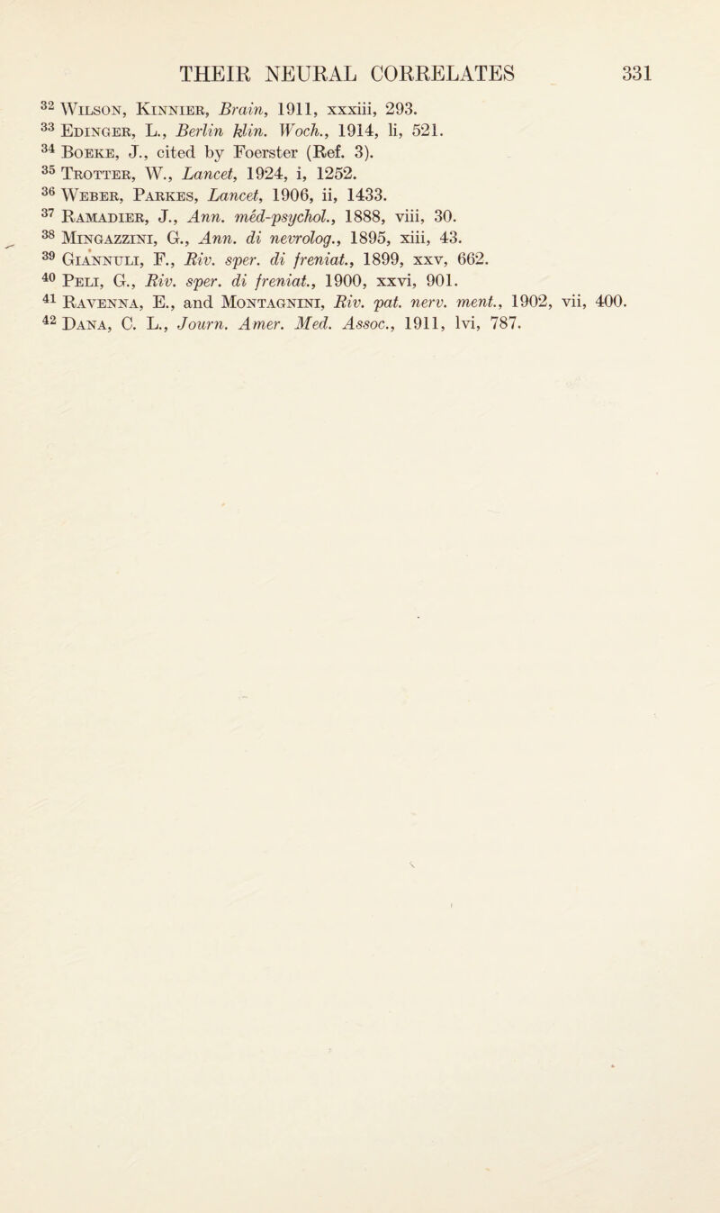 32 Wilson, Kinnier, Brain, 1911, xxxiii, 293. 33 Edinger, L., Berlin klin. Woch., 1914, li, 521. 34 Boeke, J., cited by Foerster (Ref. 3). 35 Trotter, W., Lancet, 1924, i, 1252. 36 Weber, Parkes, Lancet, 1906, ii, 1433. 37 Ramadier, J., Ann. med-psychol., 1888, viii, 30. 38 Mingazzini, G., Ann. di nevrolog., 1895, xiii, 43. 39 Giannttli, F., Riv. sper. di freniat., 1899, xxv, 662. 40 Peli, G., Riv. sper. di freniat, 1900, xxvi, 901. 41 Ravenna, E., and Montagnini, Riv. pat. nerv. ment, 1902, vii, 400. 42 Dana, C. L., Journ. Amer. Med. Assoc., 1911, lvi, 787. 8. I