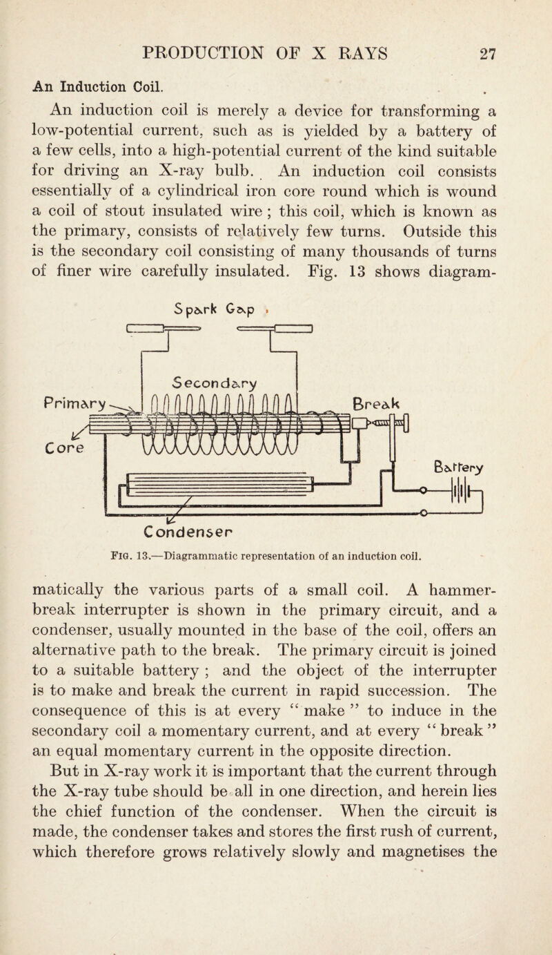 An Induction Coil. An induction coil is merely a device for transforming a low-potential current, such as is yielded by a battery of a few cells, into a high-potential current of the kind suitable for driving an X-ray bulb. An induction coil consists essentially of a cylindrical iron core round which is wound a coil of stout insulated wire ; this coil, which is known as the primary, consists of relatively few turns. Outside this is the secondary coil consisting of many thousands of turns of finer wire carefully insulated. Fig. 13 shows diagram- Sp&rk Gz\p » Fig. 13.—Diagrammatic representation of an induction coil. matically the various parts of a small coil. A hammer- break interrupter is shown in the primary circuit, and a condenser, usually mounted in the base of the coil, offers an alternative path to the break. The primary circuit is joined to a suitable battery ; and the object of the interrupter is to make and break the current in rapid succession. The consequence of this is at every “ make ” to induce in the secondary coil a momentary current, and at every “ break ” an equal momentary current in the opposite direction. But in X-ray work it is important that the current through the X-ray tube should be all in one direction, and herein lies the chief function of the condenser. When the circuit is made, the condenser takes and stores the first rush of current, which therefore grows relatively slowly and magnetises the