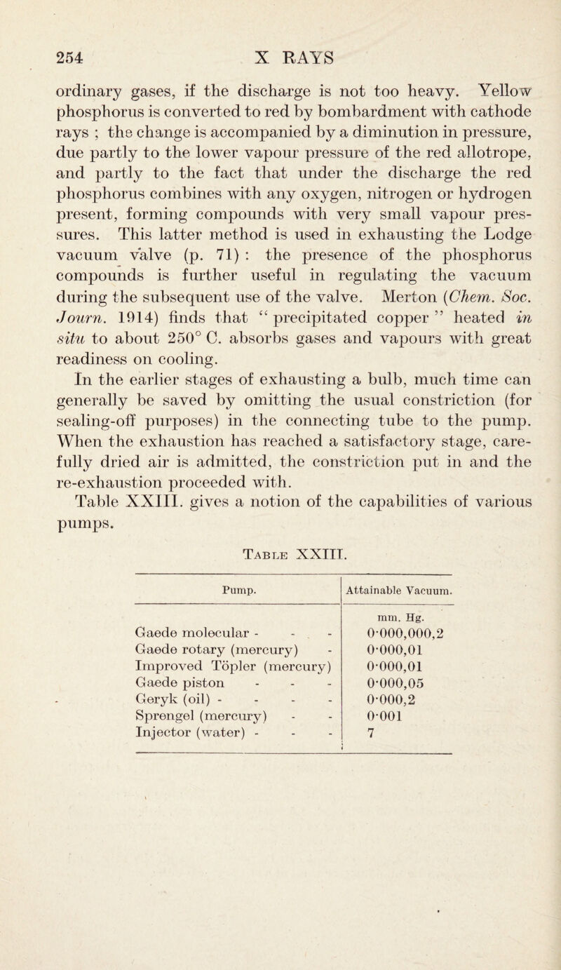ordinary gases, if the discharge is not too heavy. Yellow phosphorus is converted to red by bombardment with cathode rays ; the change is accompanied by a diminution in pressure, due partly to the lower vapour pressure of the red allotrope, and partly to the fact that under the discharge the red phosphorus combines with any oxygen, nitrogen or hydrogen present, forming compounds with very small vapour pres¬ sures. This latter method is used in exhausting the Lodge vacuum valve (p. 71) : the presence of the phosphorus compounds is further useful in regulating the vacuum during the subsequent use of the valve. Merton (Chern. Soc. Journ. 1914) finds that “ precipitated copper 55 heated in situ to about 250° C. absorbs gases and vapours with great readiness on cooling. In the earlier stages of exhausting a bulb, much time can generally be saved by omitting the usual constriction (for sealing-off purposes) in the connecting tube to the pump. When the exhaustion has reached a satisfactory stage, care¬ fully dried air is admitted, the constriction put in and the re-exhaustion proceeded with. Table XXIII. gives a notion of the capabilities of various pumps. Table XXIIT. Pump. Attainable Vacuum. mm. Hg. Gaede molecular - - Gaede rotary (mercury) Improved Topler (mercury) Gaede piston Geryk (oil) - Sprengel (mercury) Injector (water) - 0*000,000,2 0-000,01 0-000,01 0-000,05 0-000,2 0-001 7