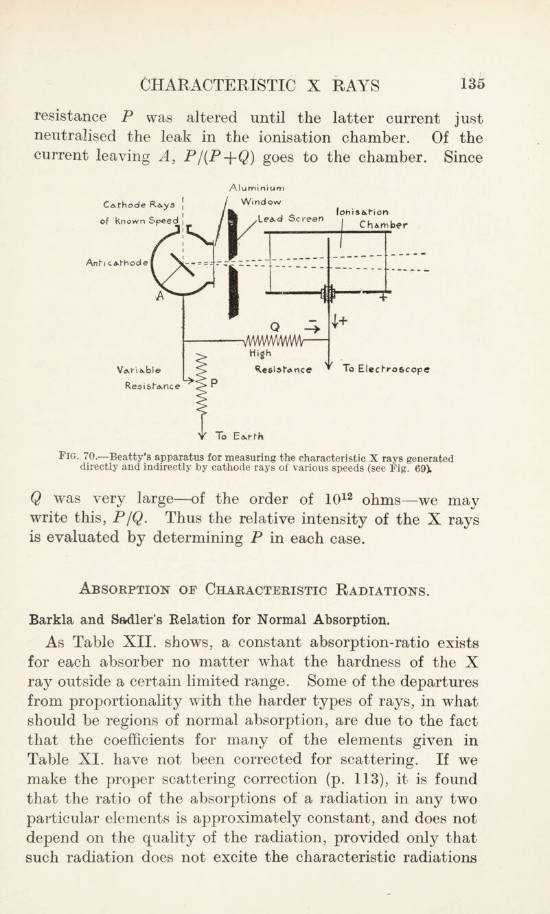 resistance P was altered until the latter current just neutralised the leak in the ionisation chamber. Of the current leaving A, P/(P-j-Q) goes to the chamber. Since AI u m i n i u ni Fig. 70.—Beatty’s apparatus for measuring the characteristic X rays generated directly and indirectly by cathode rays of various speeds (see Fig. 69). Q was very large—of the order of 1012 ohms—we may write this, P/Q. Thus the relative intensity of the X rays is evaluated by determining P in each case. Absorption of Characteristic Radiations. Barkla and Sadler’s Relation for Normal Absorption. As Table XII. shows, a constant absorption-ratio exists for each absorber no matter what the hardness of the X ray outside a certain limited range. Some of the departures from proportionality with the harder types of rays, in what should be regions of normal absorption, are due to the fact that the coefficients for many of the elements given in Table XI. have not been corrected for scattering. If we make the proper scattering correction (p. 113), it is found that the ratio of the absorptions of a radiation in any two particular elements is approximately constant, and does not depend on the quality of the radiation, provided only that such radiation does not excite the characteristic radiations