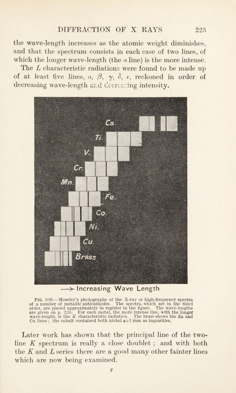 the wave-length increases as the atomic weight diminishes, and that the spectrum consists in each case of two lines, of which the longer wave-length (the a line) is the more intense. The L characteristic radiations were found to be made up of at least five lines, a, (3} y. S, e, reckoned in order of decreasing wave-length and decreasing intensity. > Increasing Wave Length FIG. 109.—Moseley’s photographs of the X-ray or high-frequency spectra of a number of metallic anticathodes. The spectra, which are in the third order, are placed approximately in register in the figure. The wave-lengths are given on p. 226. For each metal, the more intense line, with the longer wave-length, is the K characteristic radiation. The brass shows the Zn and Cu lines ; the cobalt contained both nickel and iron as impurities. Later work has shown that the principal line of the two- line K spectrum is really a close doublet ; and with both the K and L series there are a good many other fainter lines which are now being examined. F