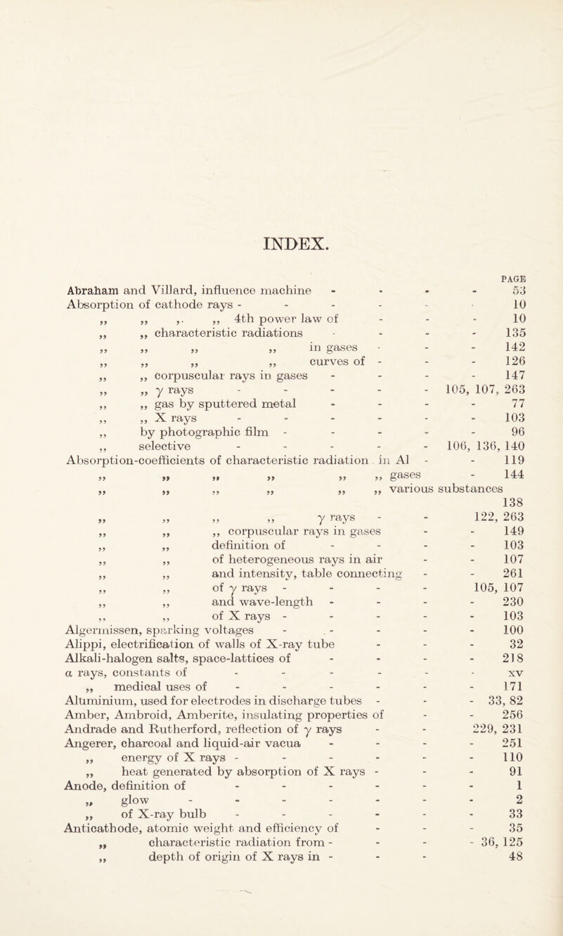 INDEX. Abraham and Villard, influence machine Absorption of cathode rays - ,, ,. ,, 4th power law of ,, characteristic radiations „ „ „ in gases - ,, ,, ,, curves of - „ corpuscular rays in gases „ y rays - ,, ,, gas by sputtered metal „ „ X rays .... ,, by photographic film - ,, selective .... Absorption-coefficients of characteristic radiation in A1 99 99 99 99 99 99 99 99 99 99 99 99 99 99 99 99 „ gases ,, various 99 99 99 99 7 ^S „ ,, „ corpuscular rays in gases „ „ definition of „ „ of heterogeneous rays in air „ „ and intensity, table connecting „ „ of y rays - ,, ,, and wave-length ,, „ of X rays - Algermissen, sparking voltages Alippi, electrification of walls of X-ray tube Alkali-halogen salts, space-lattices of a rays, constants of .... ,, medical uses of Aluminium, used for electrodes in discharge tubes Amber, Ambroid, Amberite, insulating properties of Andrade and Rutherford, reflection of y rays Angerer, charcoal and liquid-air vacua ,, energy of X rays - „ heat generated by absorption of X rays - Anode, definition of .... „ glow ..... „ of X-ray bulb .... Anticathode, atomic weight and efficiency of characteristic radiation from - depth of origin of X rays in - »> PAGE 53 10 10 135 142 126 147 105, 107, 263 77 103 96 106, 136, 140 119 144 substances 138 122, 263 149 103 107 261 105, 107 230 103 100 32 218 xv 171 - 33, 82 256 229, 231 251 110 91 1 2 33 35 - 36. 125 48 99