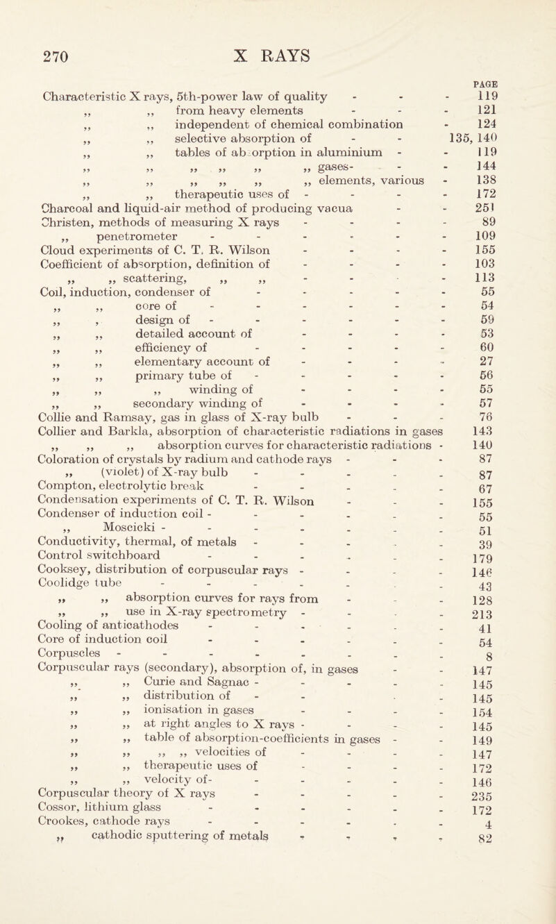 99 99 Characteristic X rays, 5th-power law of quality ,, ,, from heavy elements ,, ,, independent of chemical combination ,, ,, selective absorption of ,, ,, tables of absorption in aluminium >> }> gases- ,, ,, ,, ,, ,, ,, elements, various ,, ,, therapeutic uses of - Charcoal and liquid-air method of producing vacua Christen, methods of measuring X rays ,, penetrometer ..... Cloud experiments of C. T\ R. Wilson Coefficient of absorption, definition of „ „ scattering, „ „ Coil, induction, condenser of .... ,, ,, core of „ , design of ----- ,, ,, detailed account of ... ,, ,, efficiency of .... ,, ,, elementary account of - ,, ,, primary tube of - ,, winding of ... secondary winding of Collie and Ramsay, gas in glass of X-ray bulb Collier and Barkla, absorption of characteristic radiations in gases ,, ,, ,, absorption curves for characteristic radiations - Coloration of crystals by radium and cathode rays „ (violet) of X-ray bulb - Compton, electrolytic break - Condensation experiments of C. T. R. Wilson Condenser of induction coil ,, Moscicki Conductivity, thermal, of metals - Control switchboard - Cooksey, distribution of corpuscular rays - Coolidge tube - . absorption curves for rays from use in X-ray spectrometry - Cooling of anticathodes ------ Core of induction coil Corpuscles - Corpuscular rays (secondary), absorption of, in gases ,, ,, Curie and Sagnac - distribution of - - . ionisation in gases - at right angles to X rays - table of absorption-coefficients in gases ,, ,, velocities of therapeutic uses of - velocity of- - Corpuscular theory of X rays - Cossor, lithium glass Crookes, cathode rays ...... cathodic sputtering of metals - - , . >» >> >> >> j* >> 1! PAGE 119 121 124 135, 140 119 144 138 172 251 89 109 155 103 113 55 54 59 53 60 27 56 55 57 76 143 140 87 87 67 155 55 51 39 179 146 43 128 213 41 54 8 147 145 145 154 145 149 147 172 146 235 172 4 82