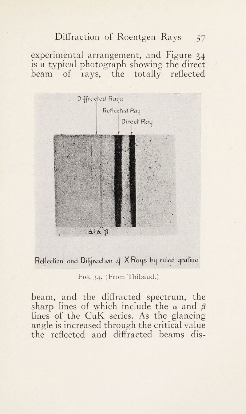 experimental arrangement, and Figure 34 is a typical photograph showing the direct beam of rays, the totally reflected Di||rctc!'ed Rcitjjj i Re|lccf'et! Rcuj Reeled ion and Diffraction o| X RatjS bij ruled cjralincj Fig. 34. (From Thibaud.) beam, and the diffracted spectrum, the sharp lines of which include the a and (3 lines of the CuK series. As the glancing angle is increased through the critical value the reflected and diffracted beams dis-