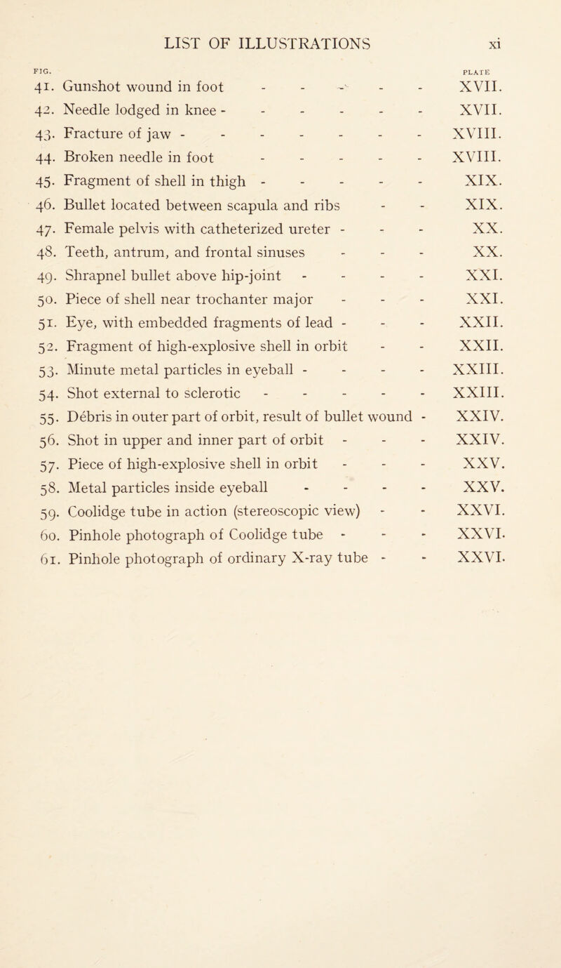 FIG. PLATE 41. Gunshot wound in foot - - - XVII. 42. Needle lodged in knee - - XVII. 43. Fracture of jaw ------- XVIII. 44. Broken needle in foot - XVIII. 45. Fragment of shell in thigh ----- XIX. 46. Bullet located between scapula and ribs - - XIX. 47. Female pelvis with catheterized ureter - - - XX. 48. Teeth, antrum, and frontal sinuses - - - XX. 49. Shrapnel bullet above hip-joint - XXL 50. Piece of shell near trochanter major - - - XXI. 51. Eye, with embedded fragments of lead - - - XXII. 52. Fragment of high-explosive shell in orbit - - XXII. 53. Minute metal particles in eyeball - - - - XXIII. 54. Shot external to sclerotic ----- XXIII. 55. Debris in outer part of orbit, result of bullet wound - XXIV. 56. Shot in upper and inner part of orbit - - - XXIV. 57. Piece of high-explosive shell in orbit - - - XXV. 58. Metal particles inside eyeball - XXV. 59. Coolidge tube in action (stereoscopic view) - - XXVI. 60. Pinhole photograph of Coolidge tube - - - XXVI. 61. Pinhole photograph of ordinary X-ray tube - - XXVI.