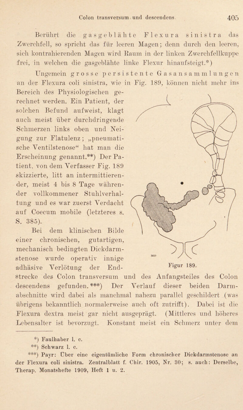Berührt die g a s g e b 1 ä h t c F 1 e x ii r a s i n i s t r a das Zwerchfell, so spricht das für leeren Magen; denn durch den leeren, sieh kontrahierenden Magen wird Eanin in der linken Zwerchfellknppe frei, in welchen die gasgeblähte linke Flexnr hinauf steigt.^') Ungemein grosse persistente G a s a n s a m in 1 n n g e n an der. Flexnra coli sinistra, wie in Fig. 189, können nicht mehr ins Bereich des Physiologischen ge¬ rechnet werden. Ein Patient, der solchen Befund anfweist, klagt auch meist über durchdringende Schmerzen links oben und Nei¬ gung zur Flatulenz ; „pneumati¬ sche Ventilstenose' hat man die Erscheinung genannt.*) **) Der Pa¬ tient, von dem Verfasser Fig. 189 skizzierte, litt an intermittieren¬ der, meist 4 bis 8 Tage währen¬ der vollkommener Stuhlverhal¬ tung und es war zuerst Verdacht auf Coecum mobile (letzteres s. S. 385). Bei dem klinischen Bilde einer chronischen, gutartigen, mechanisch bedingten Dickdarm¬ stenose wurde operativ innige adhäsive Verlötung der End¬ strecke des Colon transversum und des Anfangsteiles des Colon descendens gefunden. ***) Der Verlauf dieser beiden Darm¬ abschnitte wird dabei als manchmal nahezu parallel geschildert (was übrigens bekanntlich normalerweise auch oft zutrifft). Dabei ist die Fiexura dextra meist gar nicht ausgeprägt. (Mittleres und höheres Lebensalter ist bevorzugt. Konstant meist ein Schmerz unter dem *) Faulhaber 1. c. **) Schwarz 1. c, ***) Payr: Über eine eigentümliche Form chronischer Dickdarmstenose an der Fiexura coli sinistra. Zentralblatt f. Chir. 1905, Nr. 30; s. auch: Derselbe, Therap. Monatshefte 1909, Heft 1 u. 2.