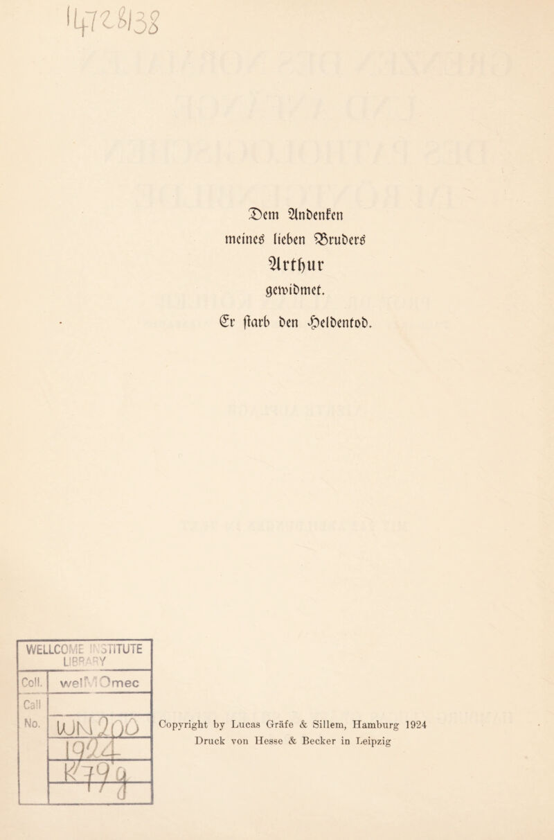 ©cm 21nbenfen meinet lieben ?8niber$ 2lrtf)tir gemibmet. £r ftarb ben ©elbentob. Copyright by Lucas Gräfe & Sillem, Hamburg 1924 Druck von Hesse & Becker in Leipzig