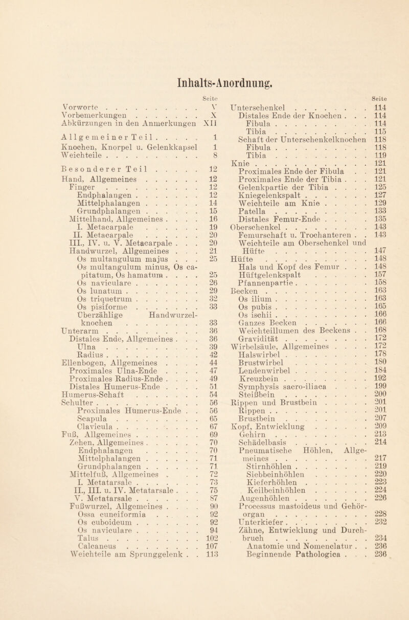 Inhalts-Anordnung. Seite Vorworte. Y Vorbemerkungen. X Abkürzungen in den Anmerkungen XII Allgemeiner Teil. . . . . 1 Knochen, Knorpel u. Gelenkkapsel 1 Weichteile .......... 8 Besonderer Teil.12 Hand, Allgemeines.12 Finger.12 Endphalangen.12 Mittelphalangen.14 Grundphalangen.15 Mittelhand, Allgemeines .... 16 I. Metacarpale .19 II. Metacarpale .20 III., IV. u. V. Metacarpale ... 20 Handwurzel, Allgemeines ... 21 Os multangulum majus ... 25 Ös multangulum minus, Os ca- pitatum, Os hamatum .... 25 Os naviculare.26 Os lunatum.29 Os triquetrum.32 Os pisiforme.33 Überzählige Handwurzel¬ knochen .33 Unterarm.36 Distales Ende, Allgemeines ... 36 Ulna. 39 Radius.42 Ellenbogen, Allgemeines .... 44 Proximales Ulna-Ende .... 47 Proximales Radius-Ende .... 49 Distales Humerus-Ende .... 51 Humerus-Schaft.54 Schulter.56 Proximales Humerus-Ende . . 56 Scapula.65 Clavicula.67 Fuß, Allgemeines.69 Zehen, Allgemeines.70 Endphalangen .70 Mittelphalangen.71 Grundphalangen.71 Mittelfuß, Allgemeines „ . . 72 I. Metatarsale.73 II., III. u. IV. Metatarsale ... 75 V. Metatarsale.87 Fußwurzel, Allgemeines .... 90 Ossa cuneiformia. ... . . 92 Os cuboideum.92 Os naviculare.94 Talus.102 Calcaneus.107 Weichteile am Sprunggelenk . . 113 Seite Unterschenkel. . 114 Distales Ende der Knochen . . . 114 Fibula. . . 114 Tibia.115 Schaft der Unterschenkelknochen 118 Fibula. 118 Tibia.119 Knie. 121 Proximales Ende der Fibula . . 121 Proximales Ende der Tibia . . . 121 Gelenkpartie der Tibia .... 125 Kniegelenkspalt.127 Weichteile am Knie.129 Patella.133 Distales Femur-Ende ... . 135 Oberschenkel.143 Femurschaft u. Trochanteren . . 143 Weichteile am Oberschenkel und Hüfte.147 Hüfte . 148 Hals und Kopf des Femur . . . 148 Hüftgelenkspalt . . . . . 157 Pfannenpartie. • 158 Becken.163 Os ilium.163 Os pubis.165 Os ischii.166 Ganzes Becken.166 Weichteillumen des Beckens . . 168 Gravidität.172 Wirbelsäule, Allgemeines .... 172 Halswirbel .. . . 178 Brustwirbel.180 Lendenwirbel. 184 Kreuzbein.192 Symphysis sacro-iliaca .... 199 Steißbein. • 200 Rippen und Brustbein.201 Rippen. 201 Brustbein. . . 207 Kopf, Entwicklung.209 Gehirn ....... . . 213 Schädelbasis.214 Pneumatische Höhlen, Allge¬ meines .217 Stirnhöhlen. . 219 Siebbeinhöhlen ...... 220 Kieferhöhlen. . 223 Keilbeinhöhlen.224 Augenhöhlen.226 Processus mastoideus und Gehör¬ organ .228 Unterkiefer . ..232 Zähne, Entwicklung und Durch¬ bruch .234 Anatomie und Nomenclatur . . 236 Beginnende Pathologica . . . 236