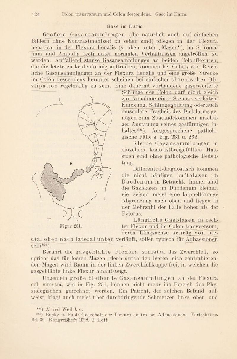 Gase im Darm. Größere Gasansammlungen (die natürlich auch auf einfachen Bildern ohne Kontrastmahlzeit zu sehen sind) pflegen in der Flexura hepatica, in der Flexura lienalis (s. oben unter „Magen“), im S. roma- num und Ampulla recti unter normalen Verhältnissen angetroffen zu werden. Auffallend starke Gasansammlungen an beiden Colon flexuren, die die letzteren keulenförmig auftreiben, kommen bei Colitis vor. Reich¬ liche Gasansammlungen an der Flexura lienalis und eine große Strecke im Colon descendens herunter scheinen bei einfacher chronischer Ob¬ stipation regelmäßig zu sein. Eine dauernd vorhandene gaserweiterte Schlinge des Colon darf nicht gleich zur Annahme einer Stenose verleiten. Knickung, Schlinge^bildung oder auch musculare Trägheit des Dickdarms ge¬ nügen zum Zustandekommen mächti¬ ger Anstauung seines gasförmigen In¬ haltes825). Ausgesprochene patholo¬ gische Fälle s. Fig. 231 u. 232. Kleine Gasansammlungen in einzelnen kontrastbreigefüllten Hau- stren sind ohne pathologische Bedeu¬ tung. Differential-diagnostisch kommen die nicht häufigen Luftblasen im Duodenum in Betracht. Immer sind die Gasblasen im Duodenum kleiner, sie zeigen meist eine kuppelförmige Abgrenzung nach oben und liegen in der Mehrzahl der Fälle höher als der Pylorus. Längliche Gasblasen in rech¬ deren Längsachse schräge von me¬ dial oben nach lateral unten verläuft, sollen typisch für Adhaesionen sein826). ~~ Berührt die gasgeblähte Flexura sinistra das Zwerchfell, so spricht das für leeren Magen; denn durch den leeren, sich contrahieren- den Magen wird Raum in der linken Zwerchfellkuppe frei, in welchen die gasgeblähte linke Flexur hinaufsteigt. Ungemein große bleibende Gasansamüilungen an der Flexura coli sinistra, wie in Fig. 231, können nicht mehr ins Bereich des Phy¬ siologischen gerechnet werden. Ein Patient, der solchen Befund auf¬ weist, klagt auch meist über durchdringende Schmerzen links oben und 825) Alfred Weil 1. c. 8‘26) Bucky u. Fuld: Gasgehalt der Flexura dextra bei Adhaesionen. Fortschritte. Bd. 30. Kongreßheft 1922. 1. Heft.