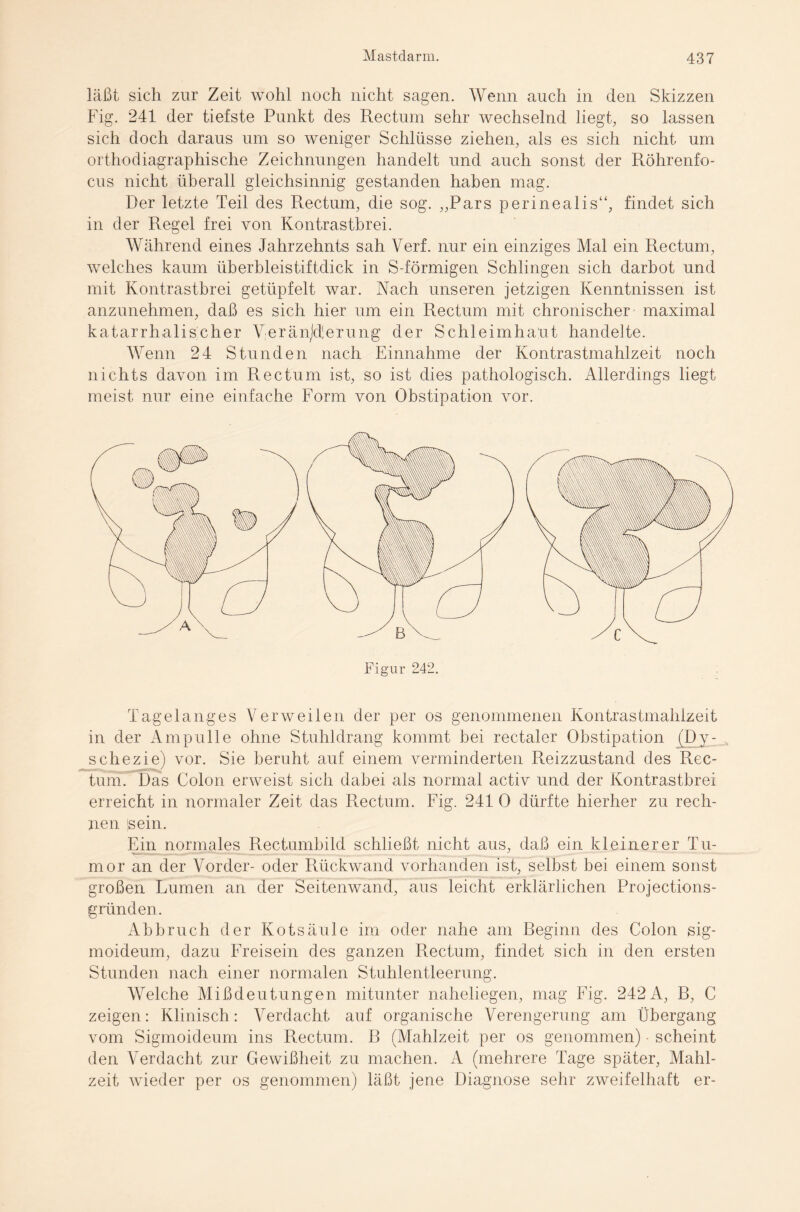 läßt sich zur Zeit wohl noch nicht sagen. Wenn auch in den Skizzen Fig. 241 der tiefste Punkt des Rectum sehr wechselnd liegt, so lassen sich doch daraus um so weniger Schlüsse ziehen, als es sich nicht um orthodiagraphische Zeichnungen handelt und auch sonst der Röhrenfo¬ cus nicht überall gleichsinnig gestanden haben mag. Der letzte Teil des Rectum, die sog. ,,Pars perinealis“, findet sich in der Regel frei von Kontrastbrei. Während eines Jahrzehnts sah Verf. nur ein einziges Mal ein Rectum, welches kaum überbleistiftdick in S-förmigen Schlingen sich darbot und mit Kontrastbrei getüpfelt war. Nach unseren jetzigen Kenntnissen ist anzunehmen, daß es sich hier um ein Rectum mit chronischer maximal katarrhalischer Veränderung der Schleimhaut handelte. Wenn 24 Stunden nach Einnahme der Kontrastmahlzeit noch nichts davon im Rectum ist, so ist dies pathologisch. Allerdings liegt meist nur eine einfache Form von Obstipation vor. Figur 242. Tagelanges Verweilen der per os genommenen Kontrastmahlzeit in der Ampulle ohne Stuhldrang kommt bei rectaler Obstipation (Dy- sehezie) vor. Sie beruht auf einem verminderten Reizzustand des Rec¬ tum. Das Colon erweist sich dabei als normal activ und der Kontrastbrei erreicht in normaler Zeit das Rectum. Fig. 241 0 dürfte hierher zu rech¬ nen. (sein. Ein normales Rectumbild schließt nicht aus, daß ein kleinerer Tu¬ mor an der Vorder- oder Rückwand vorhanden ist, selbst bei einem sonst großen Lumen an der Seitenwand, aus leicht erklärlichen Projections- gründen. Abbruch der Kotsäule im oder nahe am Reginn des Colon sig- moideum, dazu Freisein des ganzen Rectum, findet sich in den ersten Stunden nach einer normalen Stuhlentleerung. Welche Mißdeutungen mitunter naheliegen, mag Fig. 242 A, D, C zeigen: Klinisch: Verdacht auf organische Verengerung am Übergang vom Sigmoideum ins Rectum. R (Mahlzeit per os genommen) scheint den Verdacht zur Gewißheit zu machen. A (mehrere Tage später, Mahl¬ zeit wieder per os genommen) läßt jene Diagnose sehr zweifelhaft er-