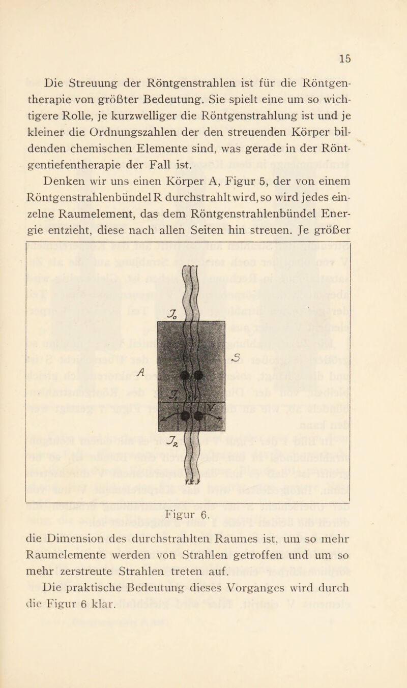 Die Streuung der Röntgenstrahlen ist für die Röntgen¬ therapie von größter Bedeutung. Sie spielt eine um so wich¬ tigere Rolle, je kurzwelliger die Röntgenstrahlung ist und je kleiner die Ordnungszahlen der den streuenden Körper bil¬ denden chemischen Elemente sind, was gerade in der Rönt¬ gentiefentherapie der Fall ist. Denken wir uns einen Körper A, Figur 5, der von einem Röntgenstrahlenbündel R durchstrahlt wird, so wird jedes ein¬ zelne Raumelement, das dem Röntgenstrahlenbündel Ener¬ gie entzieht, diese nach allen Seiten hin streuen. Je größer Figur 6. die Dimension des durchstrahlten Raumes ist, um so mehr Raumelemente werden von Strahlen getroffen und um so mehr zerstreute Strahlen treten auf. Die praktische Bedeutung dieses Vorganges wird durch die Figur 6 klar.