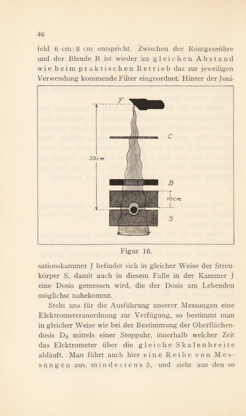 feld 6 cm; 8 cm entspricht. Zwischen der Röntgenröhre und der Blende B ist wieder im gleichen Abstand wie beim praktischen Betrieb das zur jeweiligen Verwendung kommende Filter eingeordnet. Hinter der Joni- Figur 16. sationskammer J befindet sich in gleicher Weise der Streu¬ körper S, damit auch in diesem Falle in der Kammer J eine Dosis gemessen wird, die der Dosis am Lebenden möglichst nahekommt. Steht uns für die Ausführung unserer Messungen eine Elektrometeranordnung zur Verfügung, so bestimmt man in gleicher Weise wie bei der Bestimmung der Oberflächen¬ dosis Do mittels einer Stoppuhr, innerhalb welcher Zeit das Elektrometer über die gleiche Skalenbreite abläuft. Man führt auch hier eine Reihe von Mes¬ sungen aus, mindestens 5, und zieht aus den so