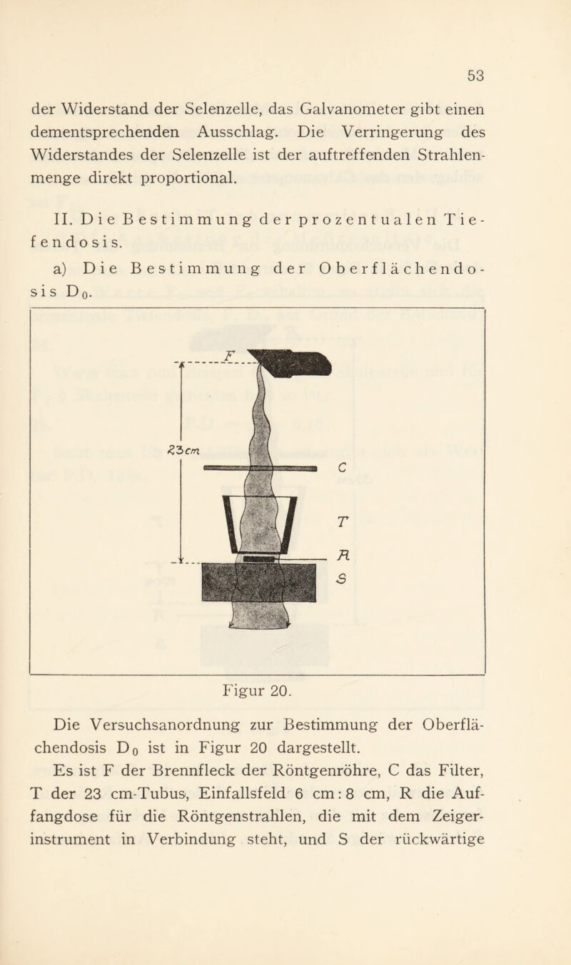 der Widerstand der Selenzelle, das Galvanometer gibt einen dementsprechenden Ausschlag. Die Verringerung des Widerstandes der Selenzelle ist der auftreffenden Strahlen¬ menge direkt proportional. II. Die Bestimmung der prozentualen Tie¬ fe n d o s i s. a) Die Bestimmung der Oberflächendo¬ sis D 0. Figur 20. Die Versuchsanordnung zur Bestimmung der Oberflä¬ chendosis Do ist in Figur 20 dargestellt. Es ist F der Brennfleck der Röntgenröhre, C das Filter, T der 23 cm-Tubus, Einfallsfeld 6 cm: 8 cm, R die Auf¬ fangdose für die Röntgenstrahlen, die mit dem Zeiger¬ instrument in Verbindung steht, und S der rückwärtige