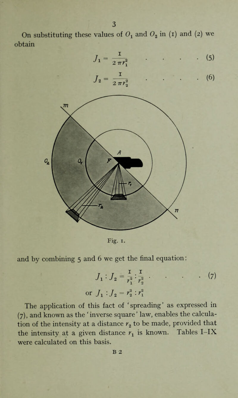 On substituting these values of and Oj in (i) and (2) we obtain /l = I 2 vrl ■ (5) 11 I 2TTrl . . (6) Fig. I. and by combining 5 and 6 we get the final equation: or J ■ J 2 ~ ^2 • ^1 The application of this fact of ‘spreading’ as expressed in (7), and known as the ‘inverse square’ law, enables the calcula¬ tion of the intensity at a distance r2 to be made, provided that the intensity at a given distance is known. Tables I-IX were calculated on this basis.