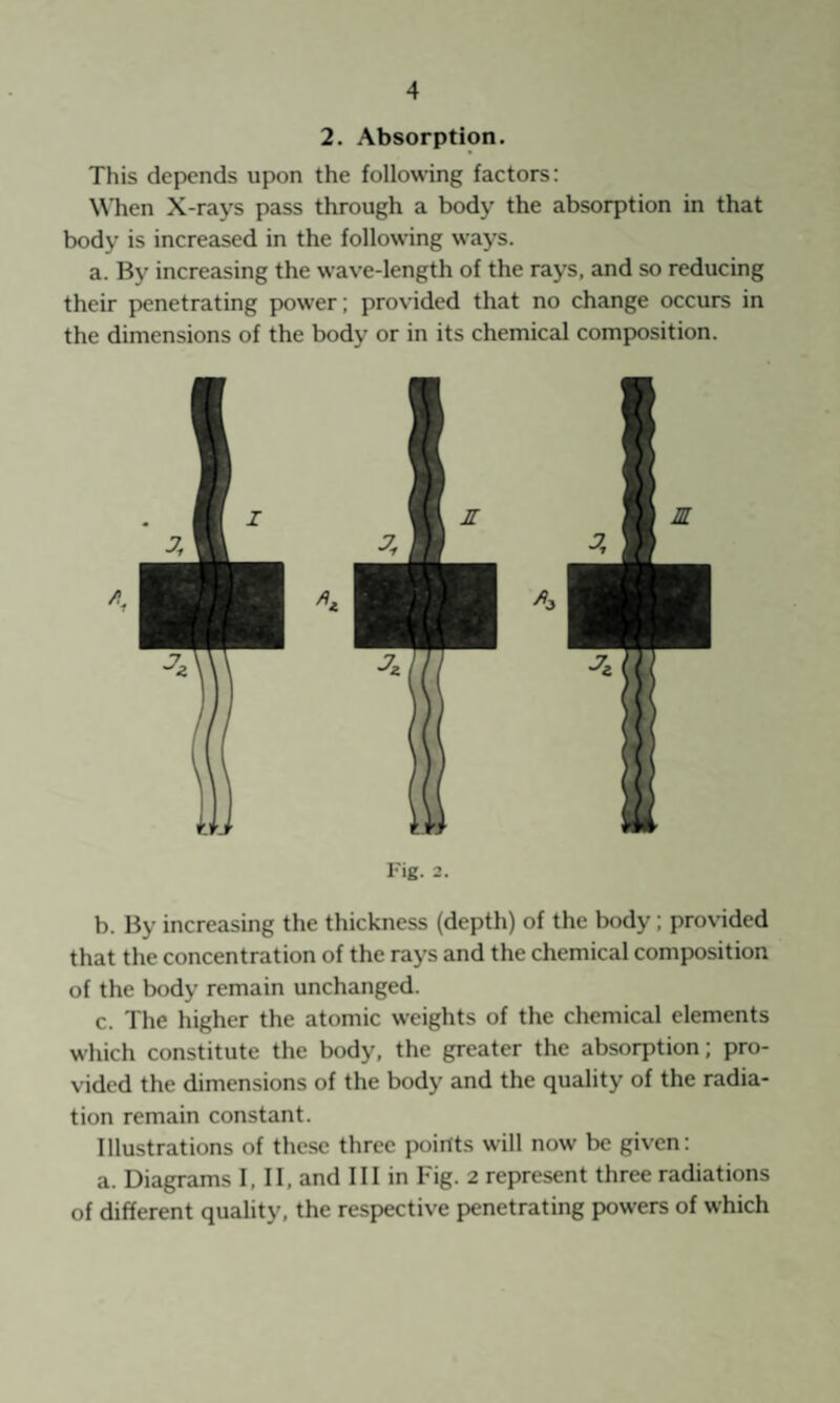2. Absorption. This depends upon the following factors: When X-rays pass through a body the absorption in that body is increased in the following ways. a. By increasing the wave-length of the rays, and so reducing their penetrating power; provided that no change occurs in the dimensions of the body or in its chemical composition. Fig. 2. b. By increasing the thickness (depth) of the body; provided that the concentration of the rays and the chemical composition of the body remain unchanged. c. The higher the atomic weights of the chemical elements which constitute the body, the greater the absorption; pro¬ vided the dimensions of the body and the quality of the radia¬ tion remain constant. Illustrations of these three points will now be given: a. Diagrams I, II, and III in Fig. 2 represent three radiations of different quality, the respective penetrating powers of which