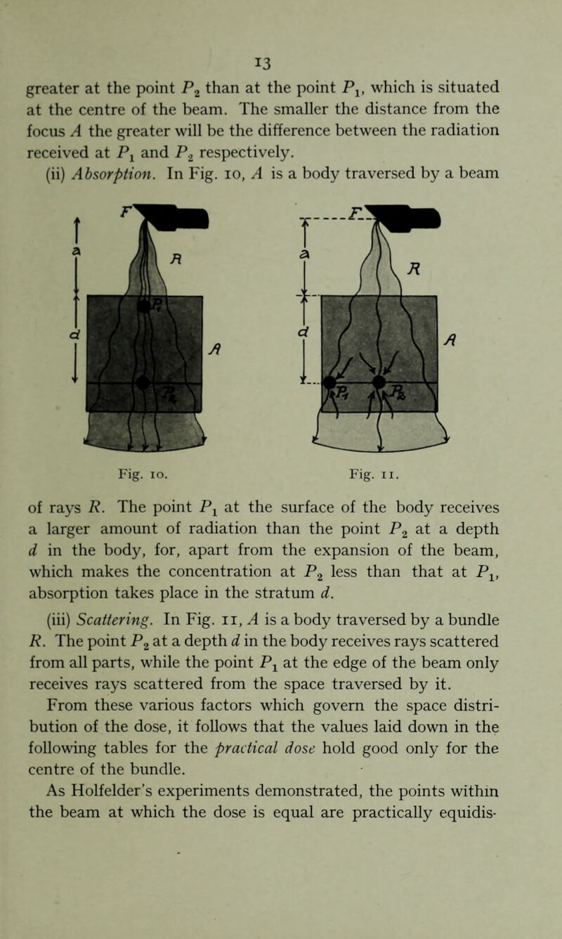 greater at the point than at the point P^, which is situated at the centre of the beam. The smaller the distance from the focus A the greater will be the difference between the radiation received at Pj and P.^ respectively. (ii) Absorption. In Fig. lo, is a body traversed by a beam r A UK3 Fig. lo. Fig. II. of rays R. The point P^ at the surface of the body receives a larger amount of radiation than the point P2 at a depth d in the body, for, apart from the expansion of the beam, which makes the concentration at P2 less than that at P^, absorption takes place in the stratum d. (iii) Scattering. In Fig. 11, A is a body traversed by a bundle R. The point P2 at a depth d in the body receives rays scattered from all parts, while the point P^ at the edge of the beam only receives rays scattered from the space traversed by it. From these various factors which govern the space distri¬ bution of the dose, it follows that the values laid down in the following tables for the practical dose hold good only for the centre of the bundle. As Holfelder’s experiments demonstrated, the points within the beam at which the dose is equal are practically equidis-