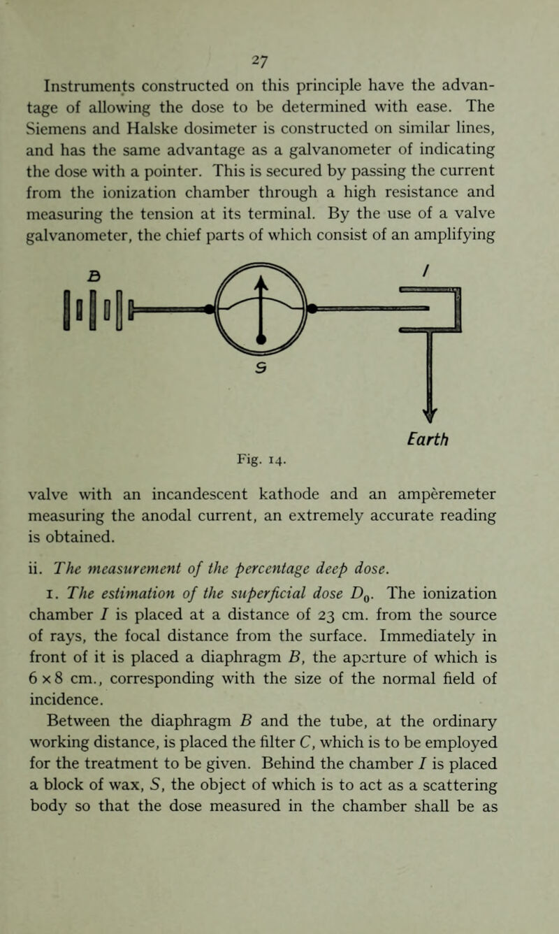 Instruments constructed on this principle have the advan¬ tage of allowing the dose to be determined with ease. The Siemens and Halske dosimeter is constructed on similar lines, and has the same advantage as a galvanometer of indicating the dose with a pointer. This is secured by passing the current from the ionization chamber through a high resistance and measuring the tension at its terminal. By the use of a valve galvanometer, the chief parts of which consist of an amplifying S Earth Fig. 14. valve with an incandescent kathode and an amperemeter measuring the anodal current, an extremely accurate reading is obtained. ii. The measurement of the percentage deep dose. I. The estimation of the superficial dose The ionization chamber I is placed at a distance of 23 cm. from the source of rays, the focal distance from the surface. Immediately in front of it is placed a diaphragm B, the aperture of which is 6x8 cm., corresponding with the size of the normal field of incidence. Between the diaphragm B and the tube, at the ordinary working distance, is placed the filter C, which is to be employed for the treatment to be given. Behind the chamber / is placed a block of wax, S, the object of which is to act as a scattering body so that the dose measured in the chamber shall be as