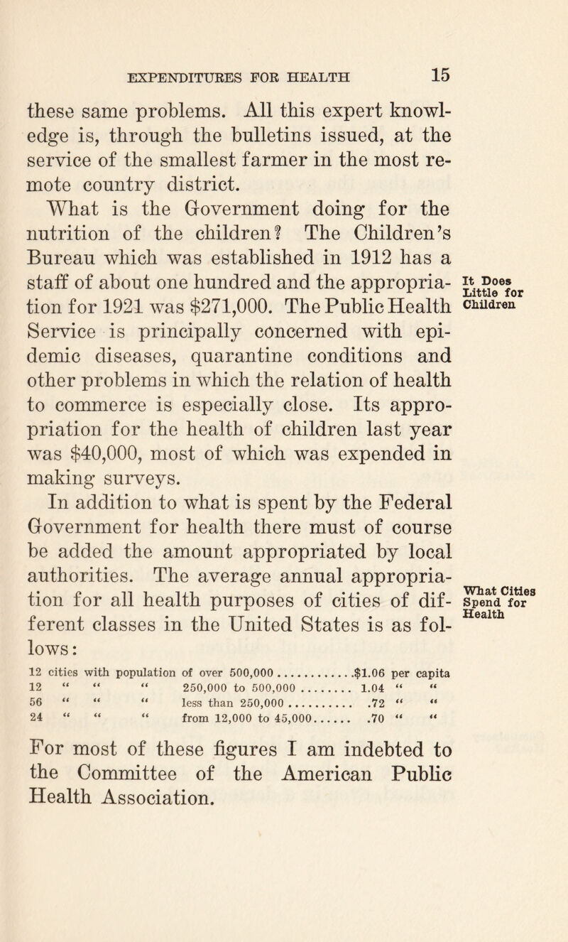these same problems. All this expert knowl¬ edge is, through the bulletins issued, at the service of the smallest farmer in the most re¬ mote country district. What is the Government doing for the nutrition of the children? The Children’s Bureau which was established in 1912 has a staff of about one hundred and the appropria¬ tion for 1921 was $271,000. The Public Health Service is principally concerned with epi¬ demic diseases, quarantine conditions and other problems in which the relation of health to commerce is especially close. Its appro¬ priation for the health of children last year was $40,000, most of which was expended in making surveys. In addition to what is spent by the Federal Government for health there must of course be added the amount appropriated by local authorities. The average annual appropria¬ tion for all health purposes of cities of dif¬ ferent classes in the United States is as fol¬ lows : 12 cities with population of over 500,000 .$1.06 per capita 12 “ “ “ 250,000 to 500,000 . 1.04 “ “ 56 “ “ “ less than 250,000 .72 “ “ 24 “ “ “ from 12,000 to 45,000.70 “  For most of these figures I am indebted to the Committee of the American Public Health Association. It Does Little for Children What Cities Spend for Health