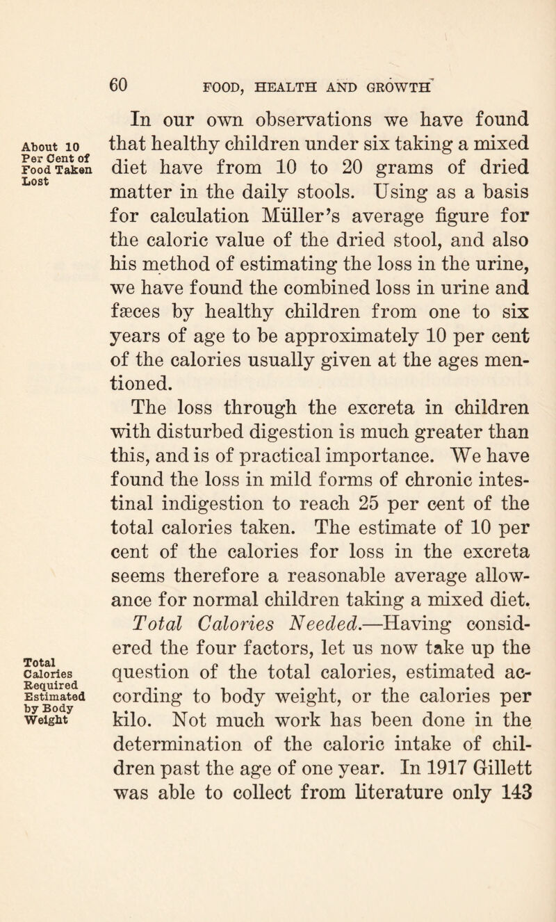 About 10 Per Cent of Food Taken Lost Total Calories Required Estimated by Body Weight 60 FOOD, HEALTH AND GROWTH In our own observations we have found that healthy children under six taking a mixed diet have from 10 to 20 grams of dried matter in the daily stools. Using as a basis for calculation Muller’s average figure for the caloric value of the dried stool, and also his method of estimating the loss in the urine, we have found the combined loss in urine and faeces by healthy children from one to six years of age to be approximately 10 per cent of the calories usually given at the ages men¬ tioned. The loss through the excreta in children with disturbed digestion is much greater than this, and is of practical importance. We have found the loss in mild forms of chronic intes¬ tinal indigestion to reach 25 per cent of the total calories taken. The estimate of 10 per cent of the calories for loss in the excreta seems therefore a reasonable average allow¬ ance for normal children taking a mixed diet. Total Calories Needed.—Having consid¬ ered the four factors, let us now take up the question of the total calories, estimated ac¬ cording to body weight, or the calories per kilo. Not much work has been done in the determination of the caloric intake of chil¬ dren past the age of one year. In 1917 Gillett was able to collect from literature only 143