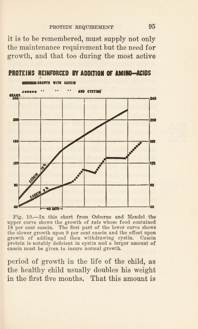 it is to be remembered, must supply not only the maintenance requirement but the need for growth, and that too during the most active ERDII1NS REINFORCED BY ADDITION OF AMIN0-4CIBS ✓ GgHm^gS GROWTH WITH CASEIN «•••••.AND CYSTINE Fig. 10.—In this chart from Osborne and Mendel the upper curve shows the growth of rats whose food contained 18 per cent casein. The first part of the lower curve shows the slower growth upon 9 per cent casein and the effect upon growth of adding and then withdrawing eystin. Casein protein is notably deficient in eystin and a larger amount of casein must be given to insure normal growth. period of growth in the life of the child, as the healthy child usually doubles his weight in the first five months. That this amount is