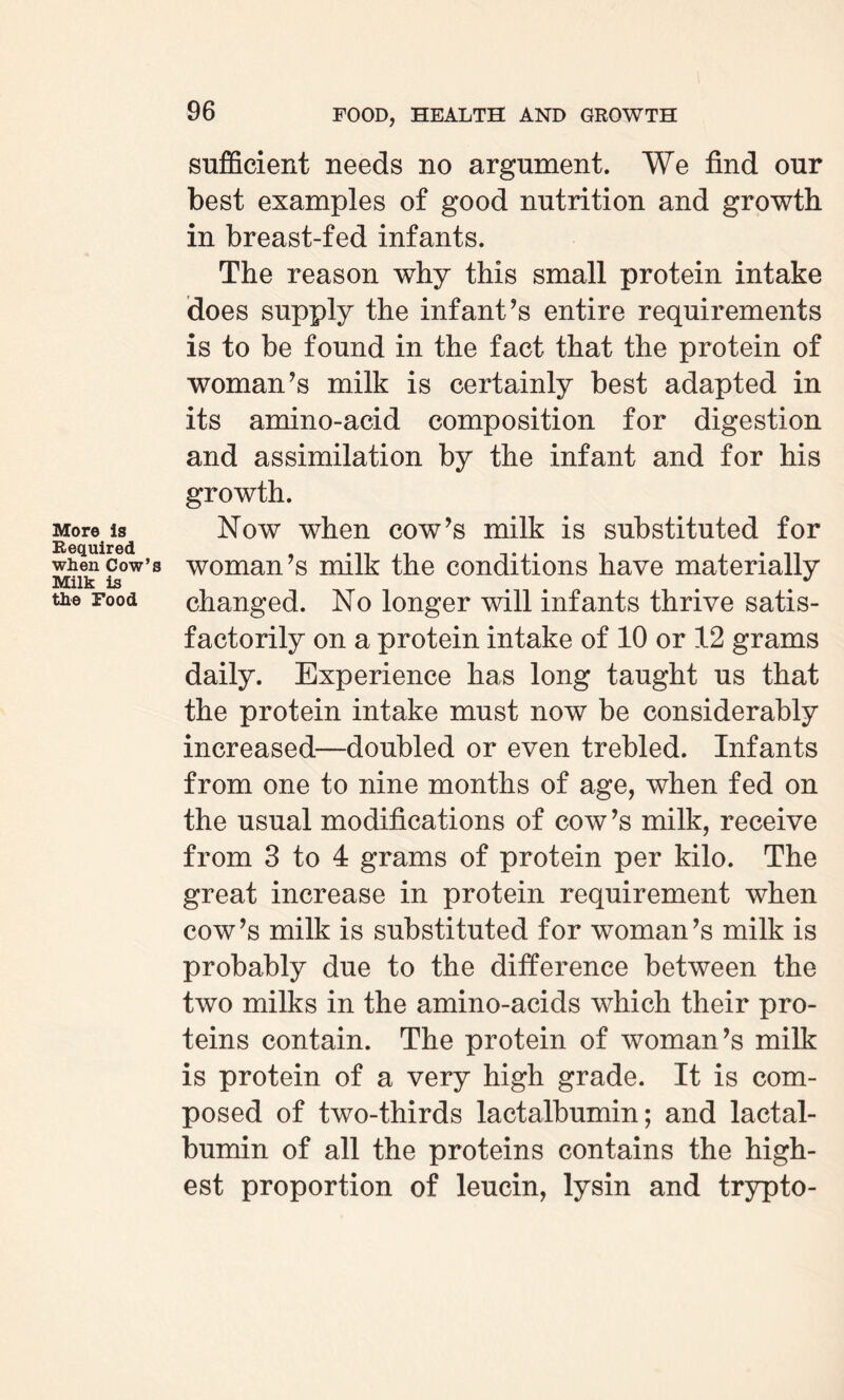 More is Required when Cow’ Milk is the Food sufficient needs no argument. We find our best examples of good nutrition and growth in breast-fed infants. The reason why this small protein intake does supply the infant’s entire requirements is to be found in the fact that the protein of woman’s milk is certainly best adapted in its amino-acid composition for digestion and assimilation by the infant and for his growth. Now when cow’s milk is substituted for woman’s milk the conditions have materially changed. No longer will infants thrive satis¬ factorily on a protein intake of 10 or 12 grams daily. Experience has long taught us that the protein intake must now be considerably increased—doubled or even trebled. Infants from one to nine months of age, when fed on the usual modifications of cow’s milk, receive from 3 to 4 grams of protein per kilo. The great increase in protein requirement when cow’s milk is substituted for woman’s milk is probably due to the difference between the two milks in the amino-acids which their pro¬ teins contain. The protein of woman’s milk is protein of a very high grade. It is com¬ posed of two-thirds lactalbumin; and lactal- bumin of all the proteins contains the high¬ est proportion of leucin, lysin and trypto-