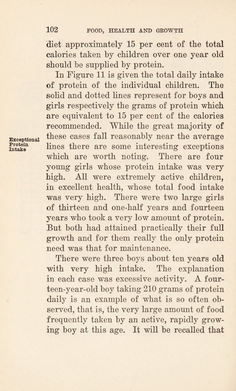 Exceptional Protein Intake diet approximately 15 per cent of the total calories taken by children over one year old should be supplied by protein. In Figure 11 is given the total daily intake of protein of the individual children. The solid and dotted lines represent for boys and girls respectively the grams of protein which are equivalent to 15 per cent of the calories recommended. While the great majority of these cases fall reasonably near the average lines there are some interesting exceptions which are worth noting. There are four young girls whose protein intake was very high. All were extremely active children, in excellent health, whose total food intake was very high. There were two large girls of thirteen and one-half years and fourteen years who took a very low amount of protein. But both had attained practically their full growth and for them really the only protein need was that for maintenance. There were three boys about ten years old with very high intake. The explanation in each case was excessive activity. A four¬ teen-year-old boy taking 210 grams of protein daily is an example of what is so often ob¬ served, that is, the very large amount of food frequently taken by an active, rapidly grow¬ ing boy at this age. It will be recalled that