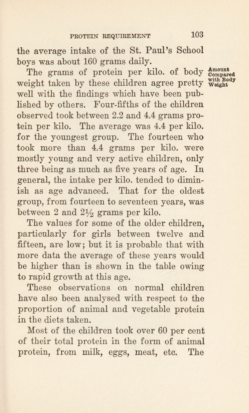 the average intake of the St. Paul’s School boys was about 160 grams daily. The grams of protein per kilo, of body weight taken by these children agree pretty well with the findings which have been pub¬ lished by others. Four-fifths of the children observed took between 2.2 and 4.4 grams pro¬ tein per kilo. The average was 4.4 per kilo, for the youngest group. The fourteen who took more than 4.4 grams per kilo, were mostly young and very active children, only three being as much as five years of age. In general, the intake per kilo, tended to dimin¬ ish as age advanced. That for the oldest group, from fourteen to seventeen years, was between 2 and 2y2 grams per kilo. The values for some of the older children, particularly for girls between twelve and fifteen, are low; but it is probable that with more data the average of these years would be higher than is shown in the table owing to rapid growth at this age. These observations on normal children have also been analysed with respect to the proportion of animal and vegetable protein in the diets taken. Most of the children took over 60 per cent of their total protein in the form of animal protein, from milk, eggs, meat, etc. The Amount Compared with Body Weight