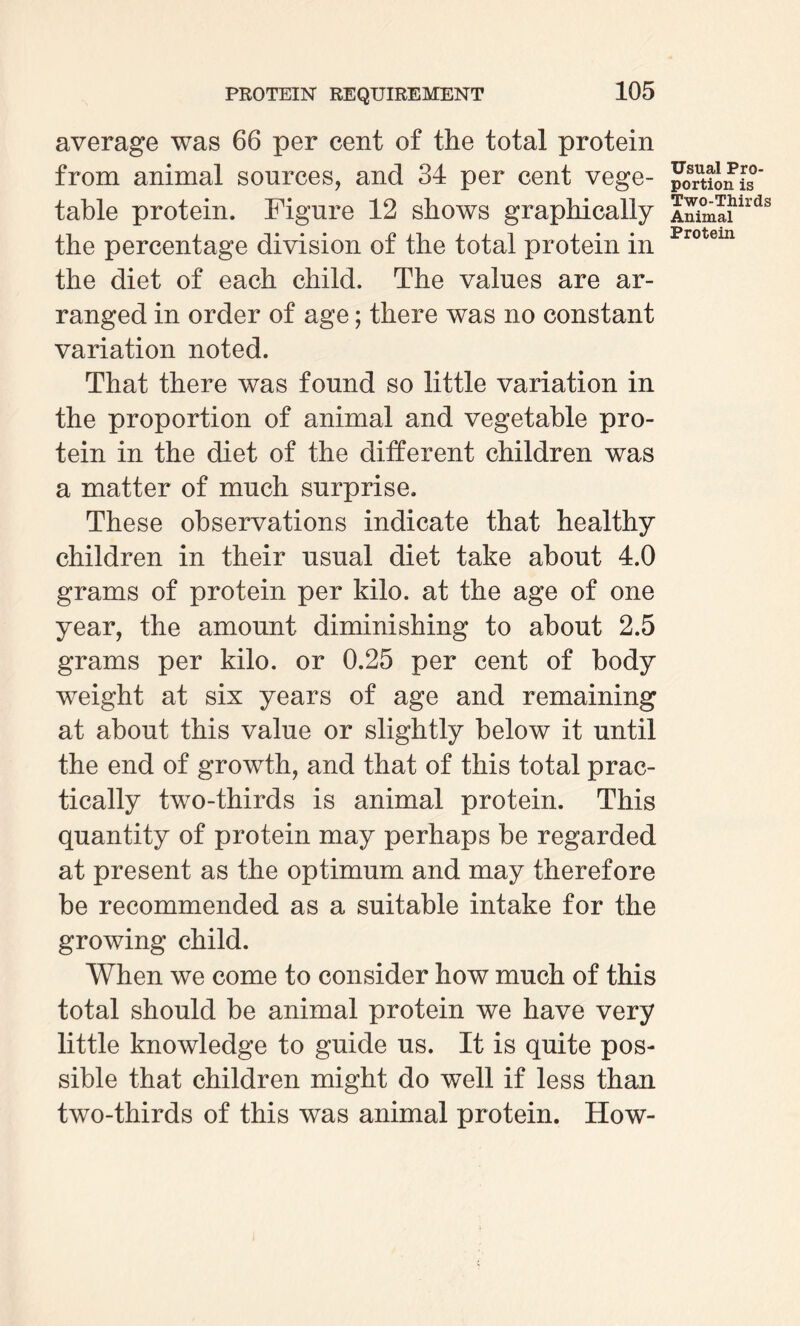 average was 66 per cent of the total protein from animal sources, and 34 per cent vege¬ table protein. Figure 12 shows graphically the percentage division of the total protein in the diet of each child. The values are ar¬ ranged in order of age; there was no constant variation noted. That there was found so little variation in the proportion of animal and vegetable pro¬ tein in the diet of the different children was a matter of much surprise. These observations indicate that healthy children in their usual diet take about 4.0 grams of protein per kilo, at the age of one year, the amount diminishing to about 2.5 grams per kilo, or 0.25 per cent of body weight at sis years of age and remaining at about this value or slightly below it until the end of growth, and that of this total prac¬ tically two-thirds is animal protein. This quantity of protein may perhaps be regarded at present as the optimum and may therefore be recommended as a suitable intake for the growing child. When we come to consider how much of this total should be animal protein we have very little knowledge to guide us. It is quite pos¬ sible that children might do well if less than two-thirds of this was animal protein. How- Usual Pro¬ portion is Two-Thirds Animal Protein