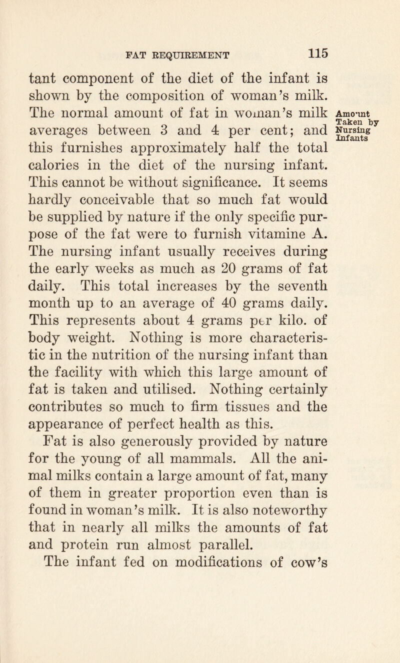 tant component of the diet of the infant is shown by the composition of woman’s milk. The normal amount of fat in woman’s milk averages between 3 and 4 per cent; and this furnishes approximately half the total calories in the diet of the nursing infant. This cannot be without significance. It seems hardly conceivable that so much fat would be supplied by nature if the only specific pur¬ pose of the fat were to furnish vitamine A. The nursing infant usually receives during the early weeks as much as 20 grams of fat daily. This total increases by the seventh month up to an average of 40 grams daily. This represents about 4 grams per kilo, of body weight. Nothing is more characteris¬ tic in the nutrition of the nursing infant than the facility with which this large amount of fat is taken and utilised. Nothing certainly contributes so much to firm tissues and the appearance of perfect health as this. Fat is also generously provided by nature for the young of all mammals. All the ani¬ mal milks contain a large amount of fat, many of them in greater proportion even than is found in woman’s milk. It is also noteworthy that in nearly all milks the amounts of fat and protein run almost parallel. The infant fed on modifications of cow’s Amount Taken by Nursing Infants