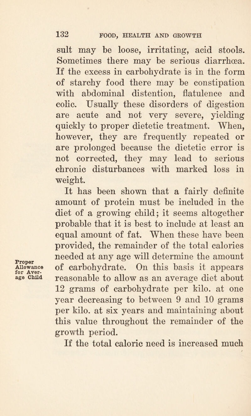 Proper Allowance for Aver¬ age Child suit may be loose, irritating, acid stools. Sometimes there may be serious diarrhoea. If the excess in carbohydrate is in the form of starchy food there may be constipation with abdominal distention, flatulence and colic. Usually these disorders of digestion are acute and not very severe, yielding quickly to proper dietetic treatment. When, however, they are frequently repeated or are prolonged because the dietetic error is not corrected, they may lead to serious chronic disturbances with marked loss in weight. It has been shown that a fairly definite amount of protein must be included in the diet of a growing child; it seems altogether probable that it is best to include at least an equal amount of fat. When these have been provided, the remainder of the total calories needed at any age will determine the amount of carbohydrate. On this basis it appears reasonable to allow as an average diet about 12 grams of carbohydrate per kilo, at one year decreasing to between 9 and 10 grams per kilo, at six years and maintaining about this value throughout the remainder of the growth period. If the total caloric need is increased much