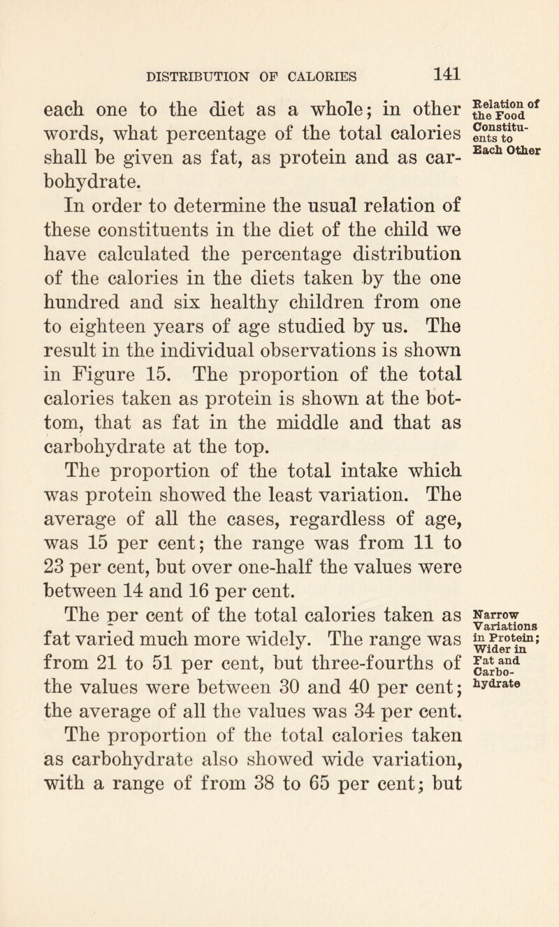 each one to the diet as a whole; in other words, what percentage of the total calories shall be given as fat, as protein and as car¬ bohydrate. In order to determine the usual relation of these constituents in the diet of the child we have calculated the percentage distribution of the calories in the diets taken by the one hundred and six healthy children from one to eighteen years of age studied by us. The result in the individual observations is shown in Figure 15. The proportion of the total calories taken as protein is shown at the bot¬ tom, that as fat in the middle and that as carbohydrate at the top. The proportion of the total intake which was protein showed the least variation. The average of all the cases, regardless of age, was 15 per cent; the range was from 11 to 23 per cent, but over one-half the values were between 14 and 16 per cent. The per cent of the total calories taken as fat varied much more widely. The range was from 21 to 51 per cent, but three-fourths of the values were between 30 and 40 per cent; the average of all the values was 34 per cent. The proportion of the total calories taken as carbohydrate also showed wide variation, with a range of from 38 to 65 per cent; but Relation of the Food Constitu¬ ents to Each Other Narrow Variations in Protein; Wider in Fat and Carbo¬ hydrate