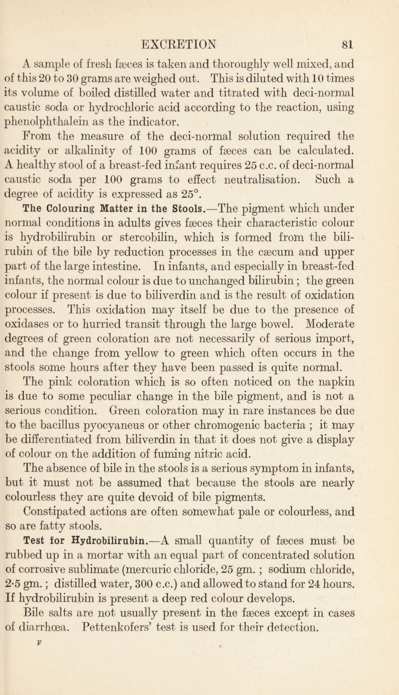 A sample of fresh faeces is taken and thoroughly well mixed, and of this 20 to 30 grams are weighed out. This is diluted with 10 times its volume of boiled distilled water and titrated with deci-normal caustic soda or hydrochloric acid according to the reaction, using phenolphthalein as the indicator. From the measure of the deci-normal solution required the acidity or alkalinity of 100 grams of faeces can be calculated. A healthy stool of a breast-fed infant requires 25 c.c. of deci-normal caustic soda per 100 grams to effect neutralisation. Such a degree of acidity is expressed as 25°. The Colouring Matter in the Stools.—The pigment which under normal conditions in adults gives faeces their characteristic colour is hydrobilirubin or stercobilin, which is formed from the bili¬ rubin of the bile by reduction processes in the caecum and upper part of the large intestine. In infants, and especially in breast-fed infants, the normal colour is due to unchanged bilirubin ; the green colour if present is due to biliverdin and is the result of oxidation processes. This oxidation may itself be due to the presence of oxidases or to hurried transit through the large bowel. Moderate degrees of green coloration are not necessarily of serious import, and the change from yellow to green which often occurs in the stools some hours after they have been passed is quite normal. The pink coloration which is so often noticed on the napkin is due to some peculiar change in the bile pigment, and is not a serious condition. Green coloration may in rare instances be due to the bacillus pyocyaneus or other chromogenic bacteria ; it may be differentiated from biliverdin in that it does not give a display of colour on the addition of fuming nitric acid. The absence of bile in the stools is a serious symptom in infants, but it must not be assumed that because the stools are nearly colourless they are quite devoid of bile pigments. Constipated actions are often somewhat pale or colourless, and so are fatty stools. Test for Hydrobilirubin.—A small quantity of faeces must be rubbed up in a mortar with an equal part of concentrated solution of corrosive sublimate (mercuric chloride, 25 gm. ; sodium chloride, 2*5 gm.; distilled water, 300 c.c.) and allowed to stand for 24 hours. If hydrobilirubin is present a deep red colour develops. Bile salts are not usually present in the faeces except in cases of diarrhoea. Pettenkofers’ test is used for their detection. F
