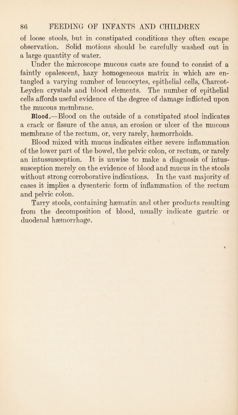 of loose stools, but in constipated conditions they often escape observation. Solid motions should be carefully washed out in a large quantity of water. Under the microscope mucous casts are found to consist of a faintly opalescent, hazy homogeneous matrix in which are en¬ tangled a varying number of leucocytes, epithelial cells, Charcot- Leyden crystals and blood elements. The number of epithelial cells affords useful evidence of the degree of damage inflicted upon the mucous membrane. Blood.—Blood on the outside of a constipated stool indicates a crack or fissure of the anus, an erosion or ulcer of the mucous membrane of the rectum, or, very rarely, haemorrhoids. Blood mixed with mucus indicates either severe inflammation of the lower part of the bowel, the pelvic colon, or rectum, or rarely an intussusception. It is unwise to make a diagnosis of intus¬ susception merely on the evidence of blood and mucus in the stools without strong corroborative indications. In the vast majority of cases it implies a dysenteric form of inflammation of the rectum and pelvic colon. Tarry stools, containing haematin and other products resulting from the decomposition of blood, usually indicate gastric or duodenal haemorrhage.