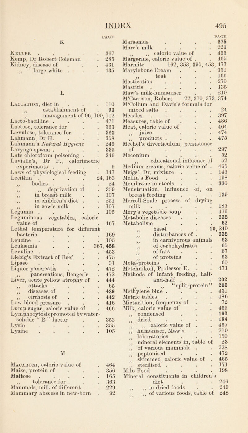 PAGE PAGE K Marasmus . 375 Mare’s milk . 229 Keller .... . 3G7 ,, ,, caloric value of . 465 Kemp, Dr Robert Coleman . 285 Margarine, caloric value of . . 465 Kidney, disease of . 431 Marmite . 162, 353, 395, 453, 477 ,, large white . . 435 Marylebone Cream . 351 ,, teat . . . 166 Mastication . 270 Mastitis .... . 135 L Maw’s milk-humaniser . 210 M‘Carrison, Robert . 22, 370, 373, 374 Lactation, diet in 110 M‘Collum and Davis’s formula for ,, establishment of • 93 mixed salts • • 24 ,, management of 96, 100, 112 Measles • • 397 Lacto-bacilline . 471 Measures, table of • • 486 Lactose, tolerance for * 363 Meat, caloric value of • • 464 Lsevulose, tolerance for • 363 ,, juice • » 474 Lahmann, Dr H. • 358 ,, products . • • 475 Lahmann’s Natural Hygiene • 249 Mechel’s diverticulum, persistence Laryngo-spasm . • 335 of ... • 297 Late chloroform poisoning . 346 Meconium • ♦ 52 Lavialle’s, Dr P., calorimetric ,, educational influence of 52 experiments . 9 Medium creams, caloric value of . 465 Laws of physiological feeding • 147 Meigs’, Dr, mixture • • 149 Lecithin .... 24,163 Mellin’s Food • • 198 ,, bodies . 24 Membrane in stools , , 330 ,, ,, deprivation of 359 Menstruation, influence of, on ,, in breast milk # 107 breast feeding • • 139 ,, in children’s diet . • 251 Merrell-Soule process of drying ,, in cow’s milk • 107 milk • » 185 Legumin .... • 105 Mery’s vegetable soup • • 476 Leguminous vegetables, caloric Metabolic diseases • • 332 value of ... • 467 Metabolism * • 62 Lethal temperature for different ,, basal . 10, 240 baoteria • 169 ,, disturbances of . 332 Leucine .... • 105 ,, in carnivorous animals 63 Leuksemia 367, 458 of carbohydrates 65 Levuline .... • 453 ,, of fats • • 67 Liebig’s Extract of Beef • 475 ,, of proteins • • 63 Lipase .... • 31 Meta-proteins • • 60 Liquor pancreatis • 472 Metchnikoff, Professor E. • • 471 ,, pancreaticus, Benger’s • 472 Methods of infant feeding, half- Liver, acute yellow atrophy of • 444 and-haJlf . • • 202 ,, attacks • 65 ,, ,, “split-protein” 206 ,, diseases of • 439 Methylene blue . • • 431 ,, cirrhosis of • 442 Metric tables • • 486 Low blood pressure • 416 Micturition, frequency of ♦ • 72 Lump sugar, caloric value of • 466 Milk, caloric value of • • 465 Lymphocytosis promoted by water- ,, condensed • • 193 soluble “ B ” factor • 353 ,, dried • • 184 Lysin .... • 355 ,, ,, caloric value of • • 465 Lysine .... • 105 ,, humaniser, Maw’s • • 210 ,, laboratories • • 150 ,, mineral elements in. table of 23 ,, of various mammals • • 228 M peptonised • • 472 ,, skimmed, caloric value of . 465 Macaroni, caloric value of 464 ,, sterilised . • • 171 Maize, protein of 356 Milo Food • • 198 Maltose .... 165 Mineral constituents in children’s ,, tolerance for . 363 diet • • 246 Mammals, milk of different . 229 ,, ,, in dried foods . # 249 Mammary abscess in new-born 92 ,, ,, of various foods table of 248